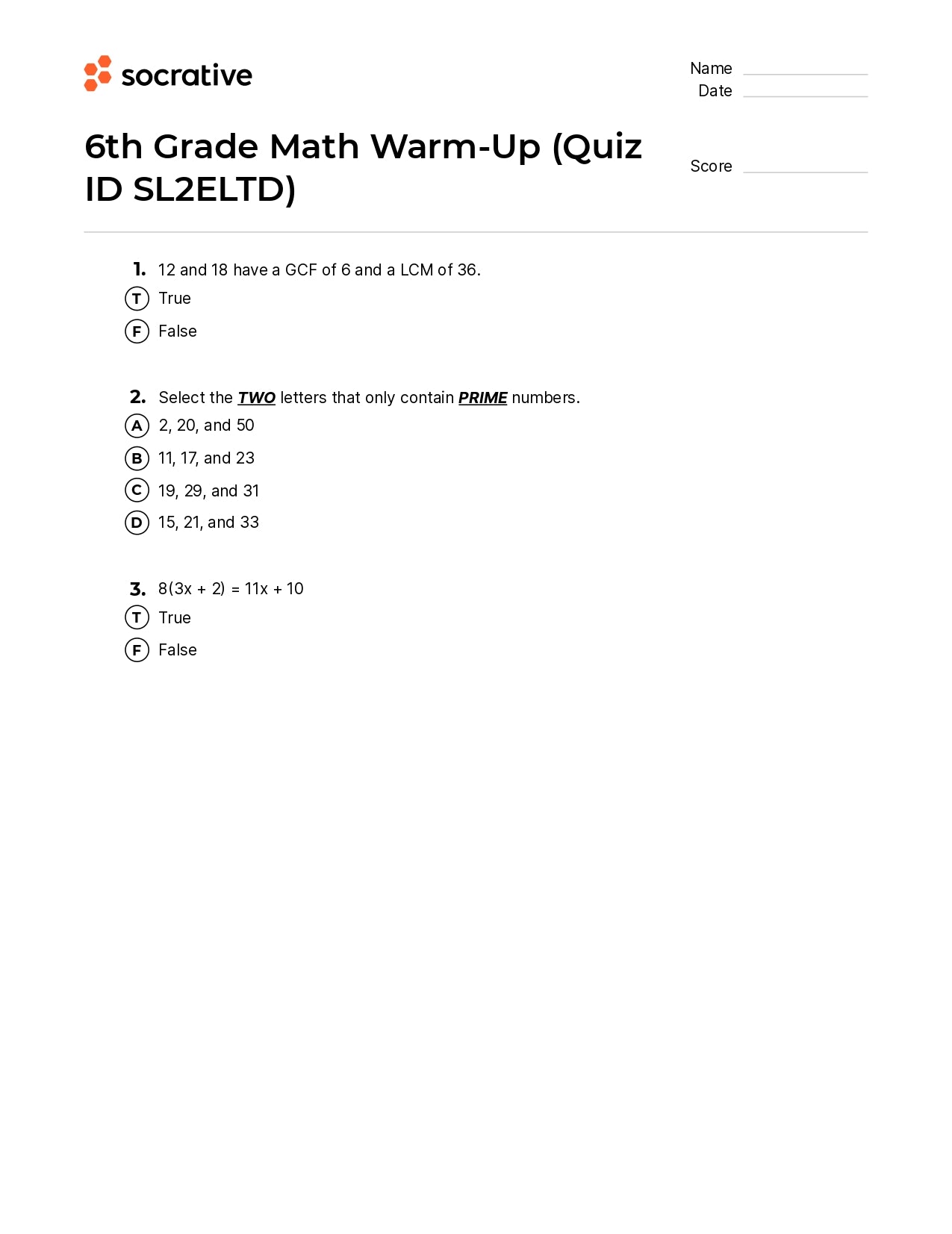 6Th Grade Math Warm-Up