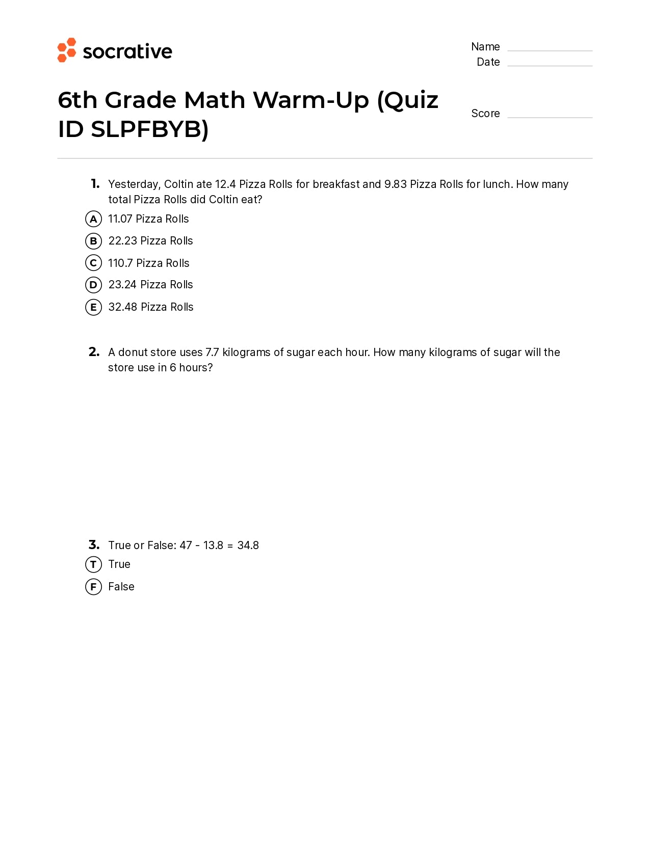 6Th Grade Math Warm-Up