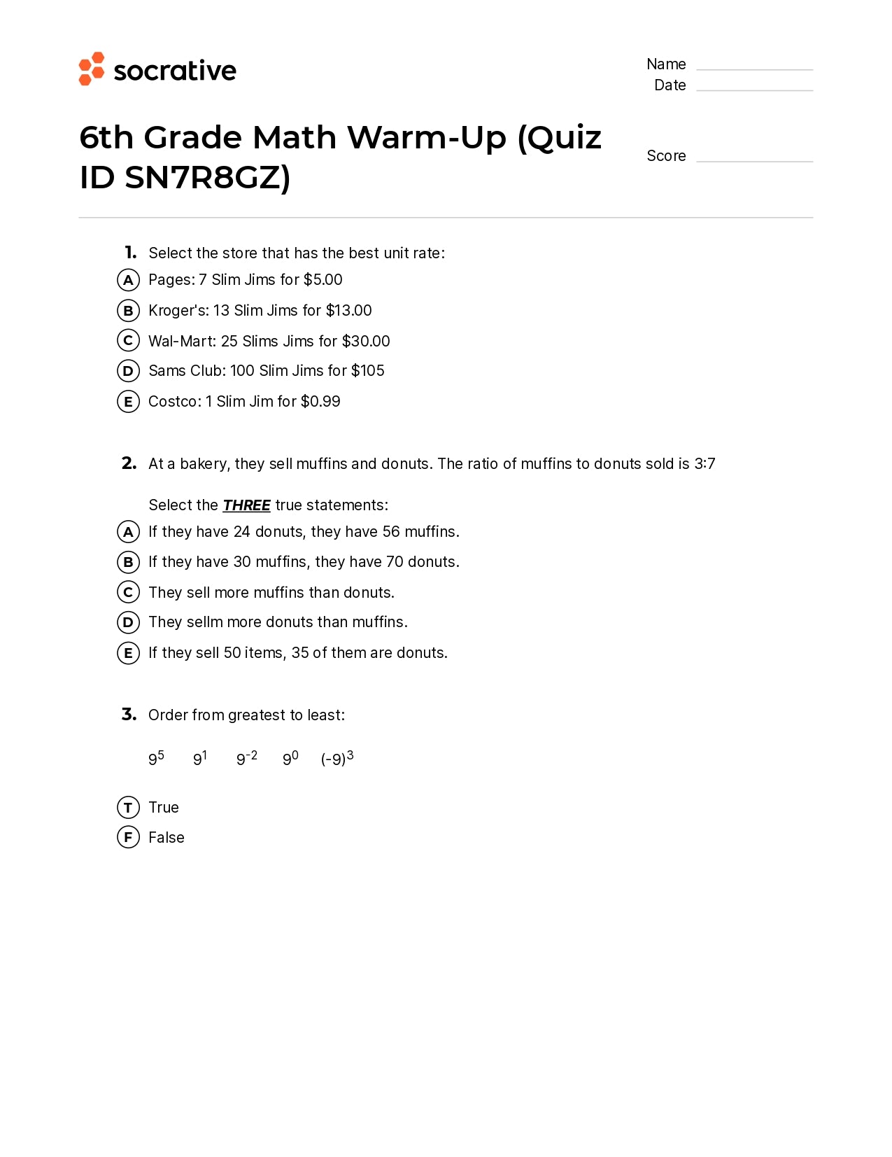 6Th Grade Math Warm-Up