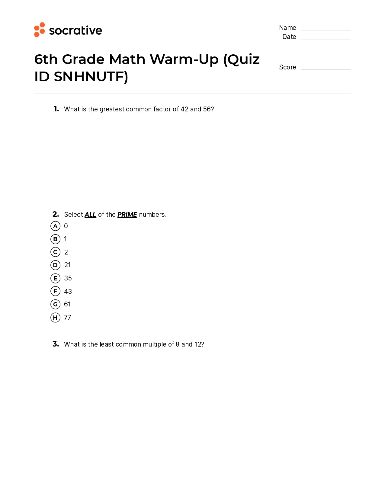 6Th Grade Math Warm-Up