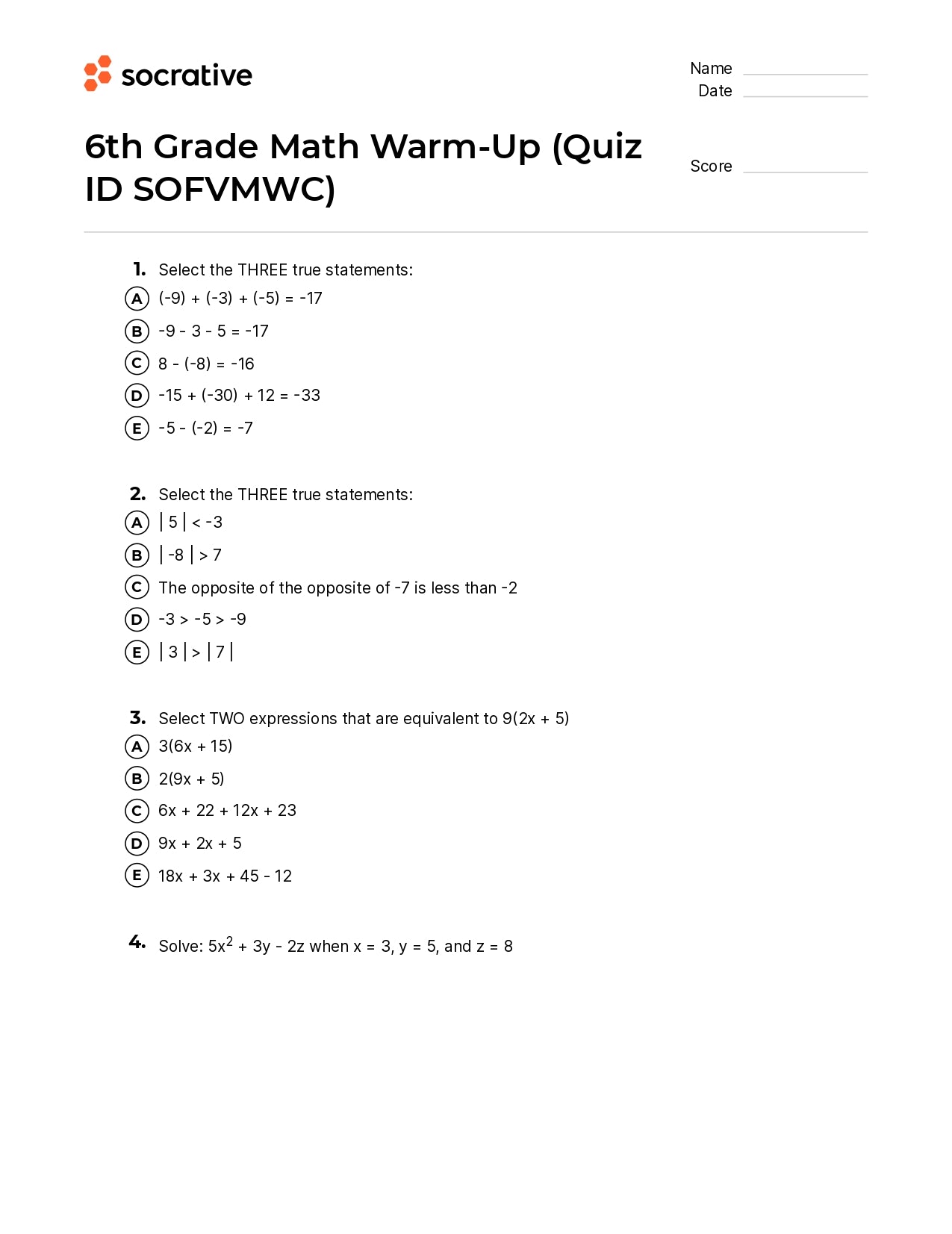 6Th Grade Math Warm-Up