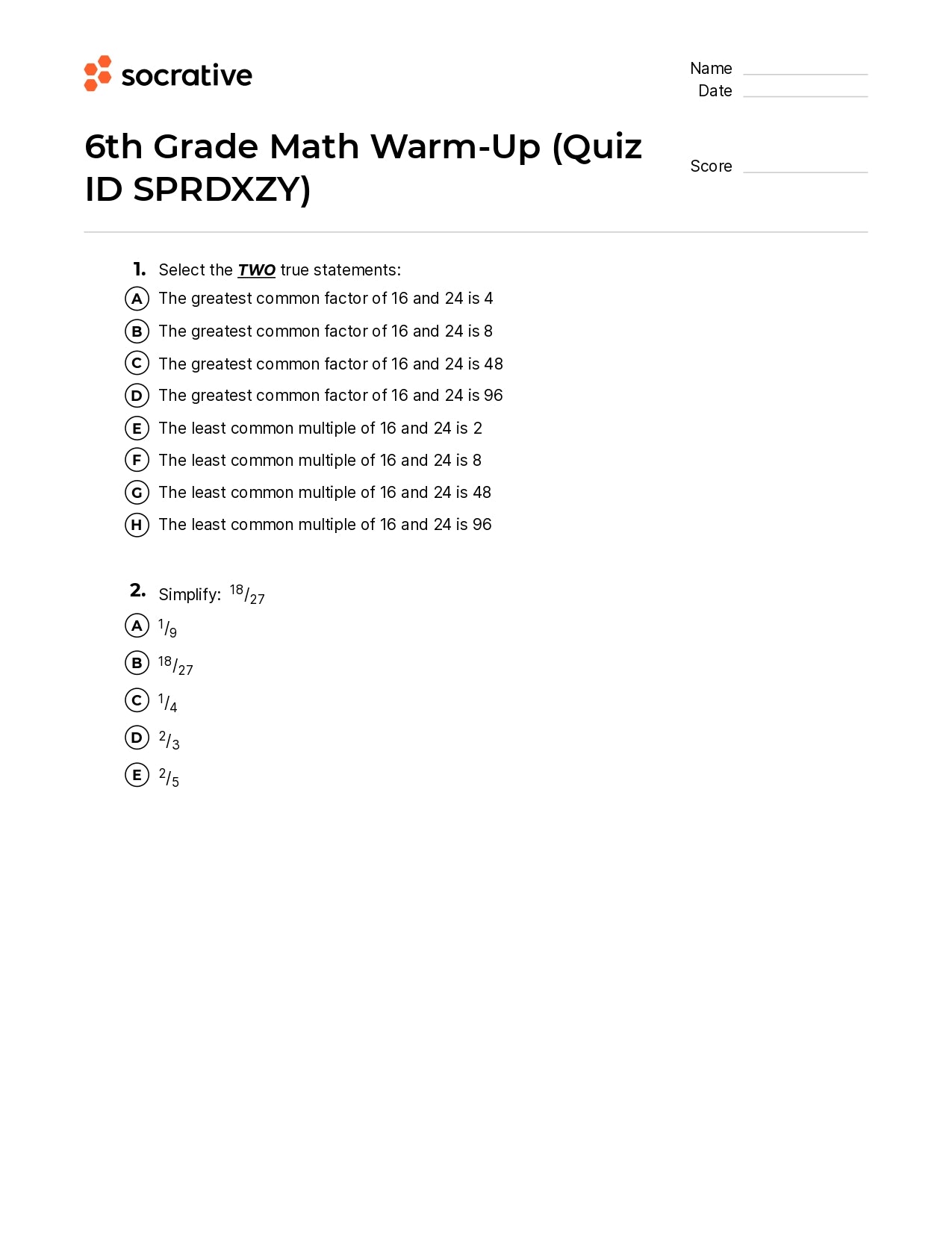 6Th Grade Math Warm-Up