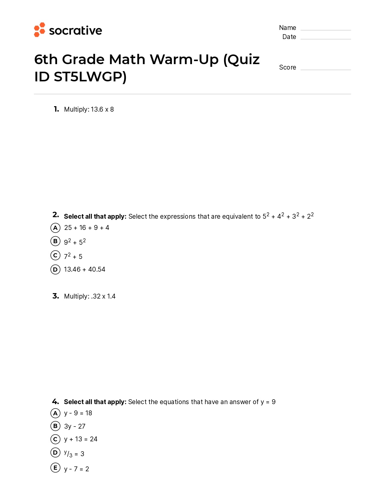 6Th Grade Math Warm-Up