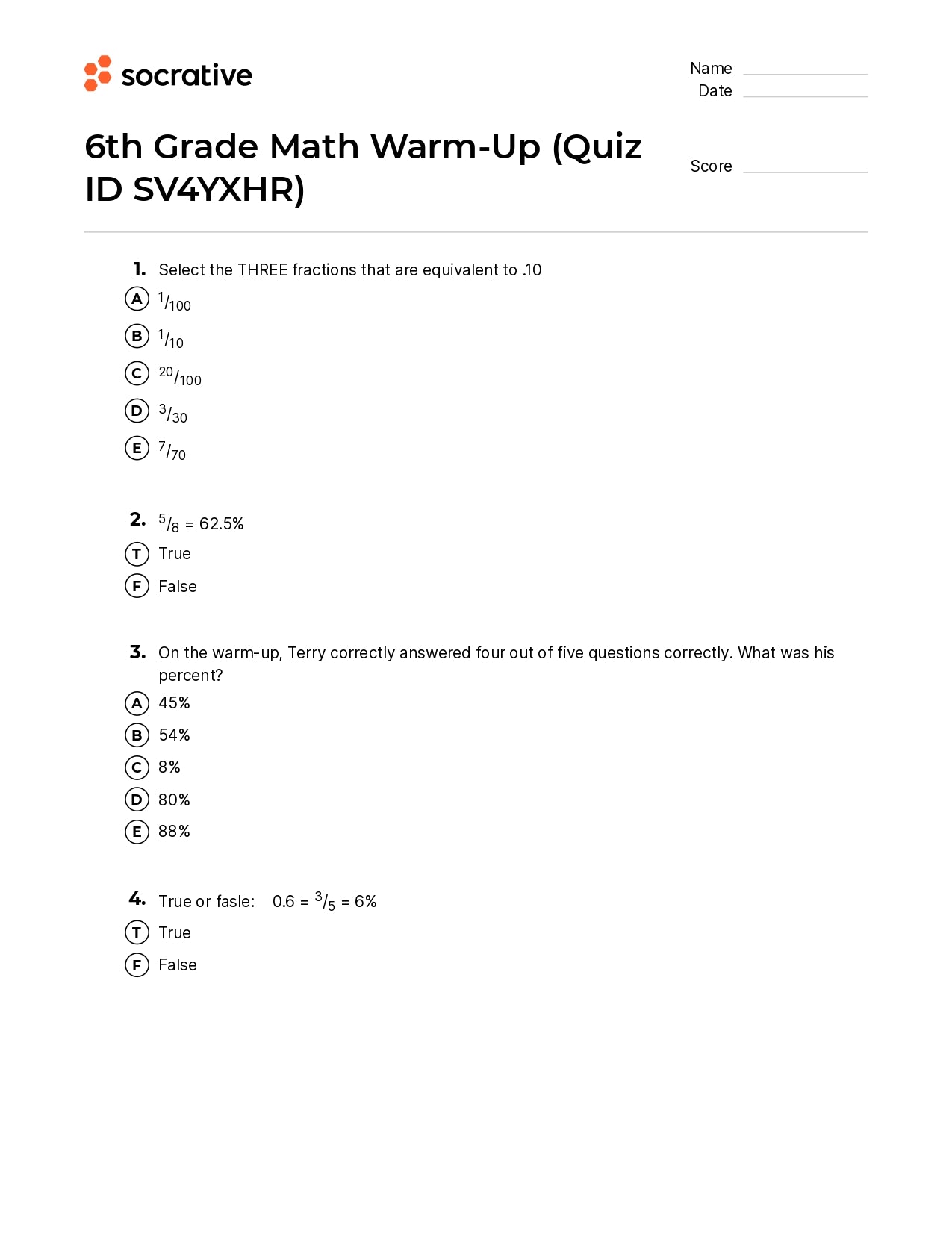 6Th Grade Math Warm-Up