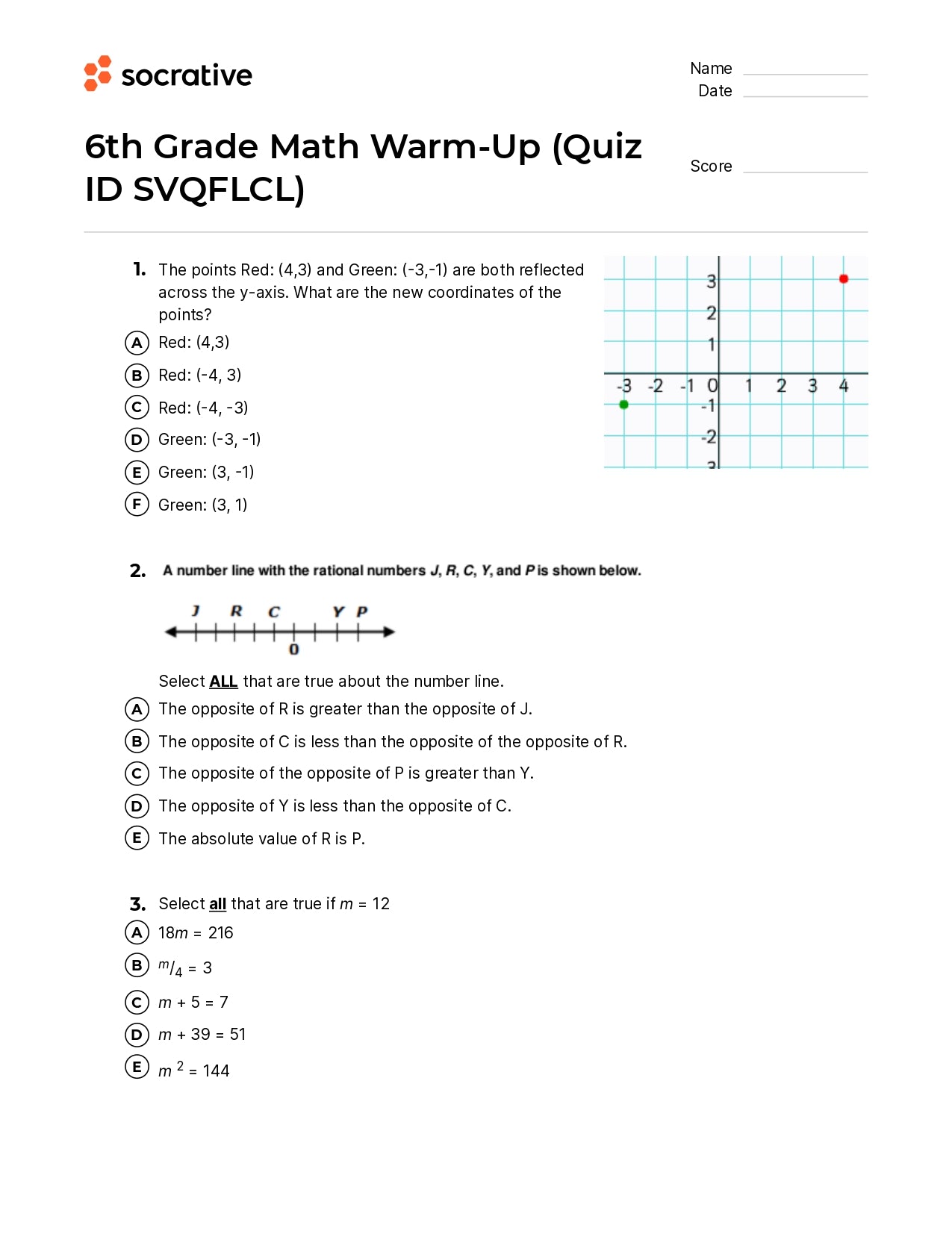 6Th Grade Math Warm-Up
