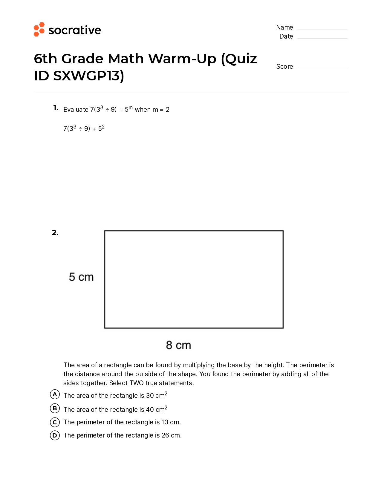 6Th Grade Math Warm-Up