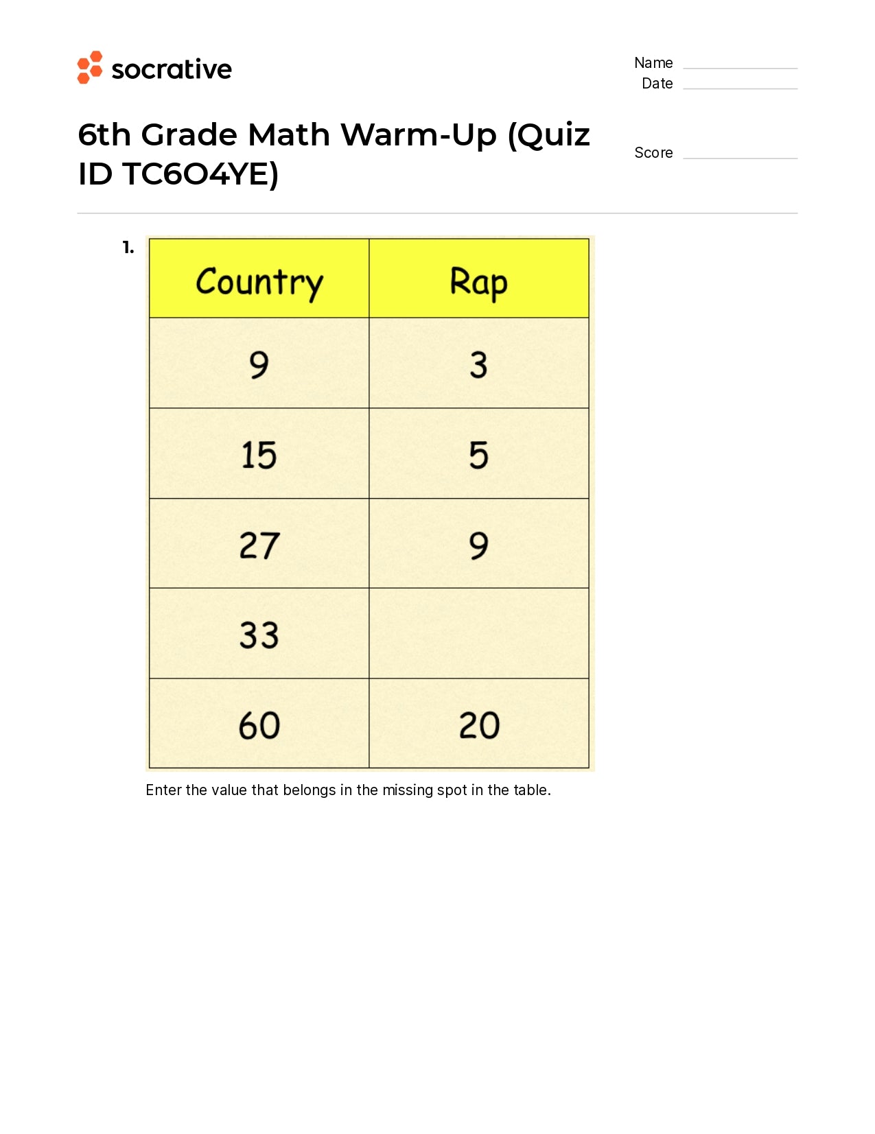 6Th Grade Math Warm-Up