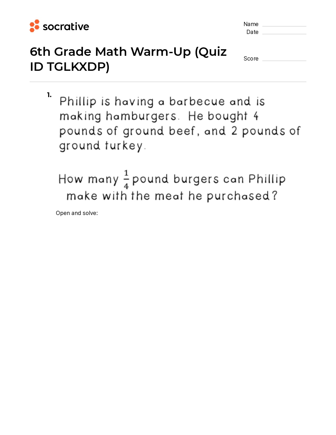 6Th Grade Math Warm-Up