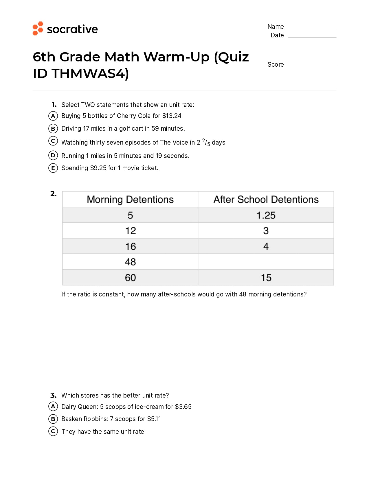 6Th Grade Math Warm-Up