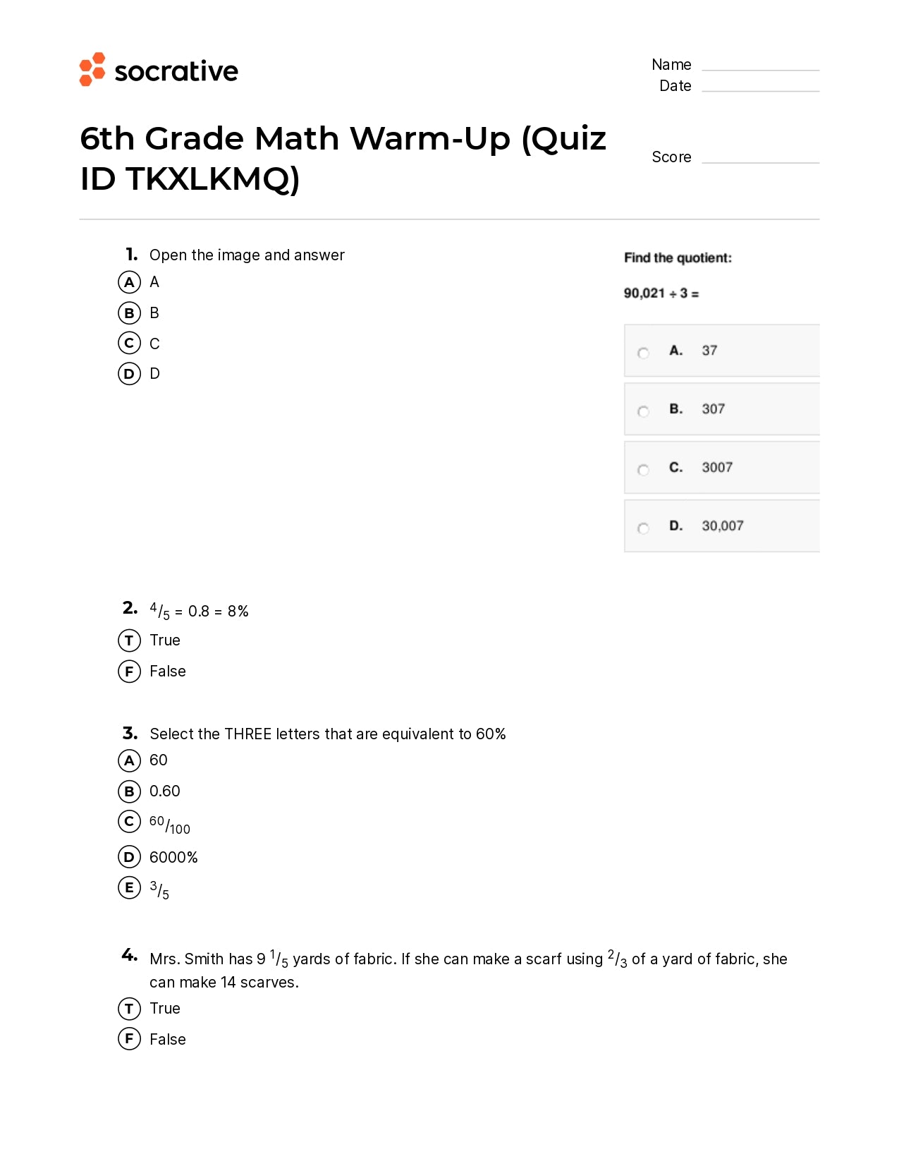 6Th Grade Math Warm-Up