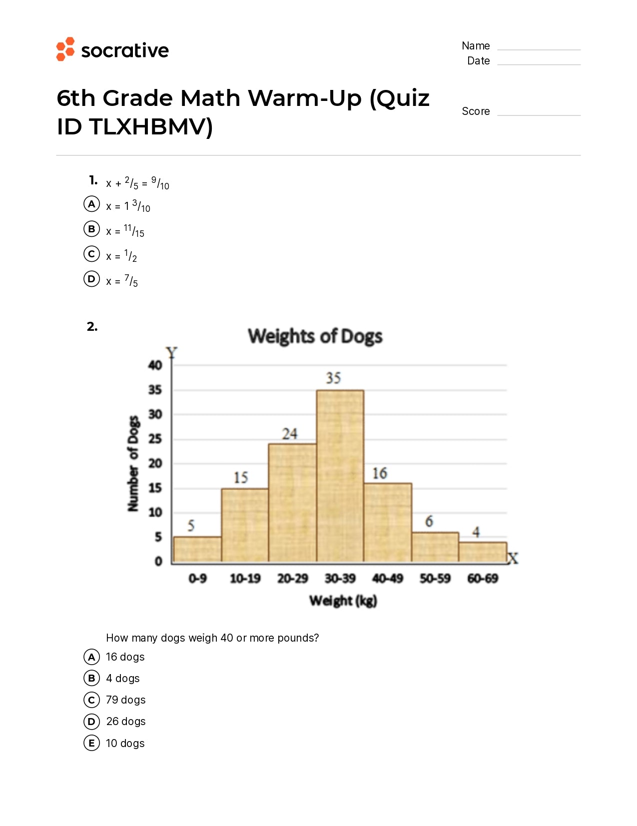 6Th Grade Math Warm-Up