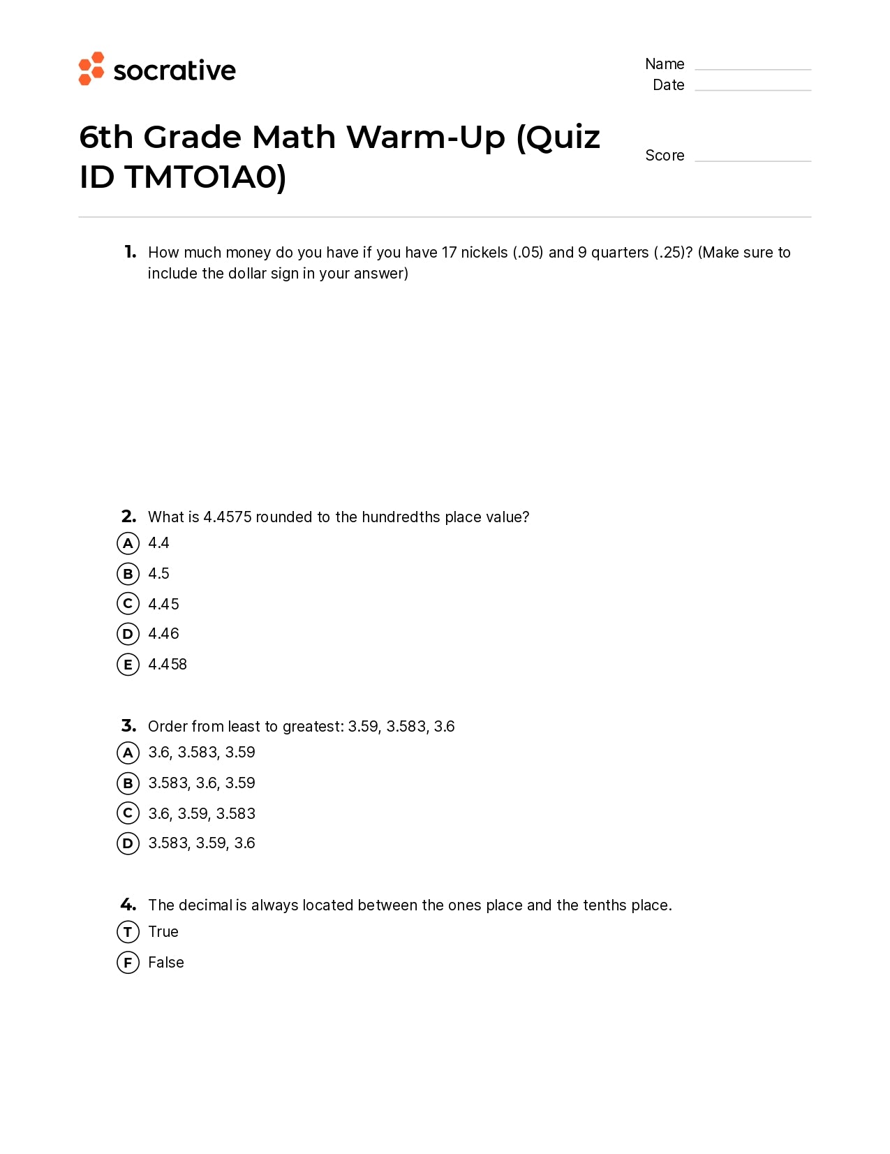 6Th Grade Math Warm-Up