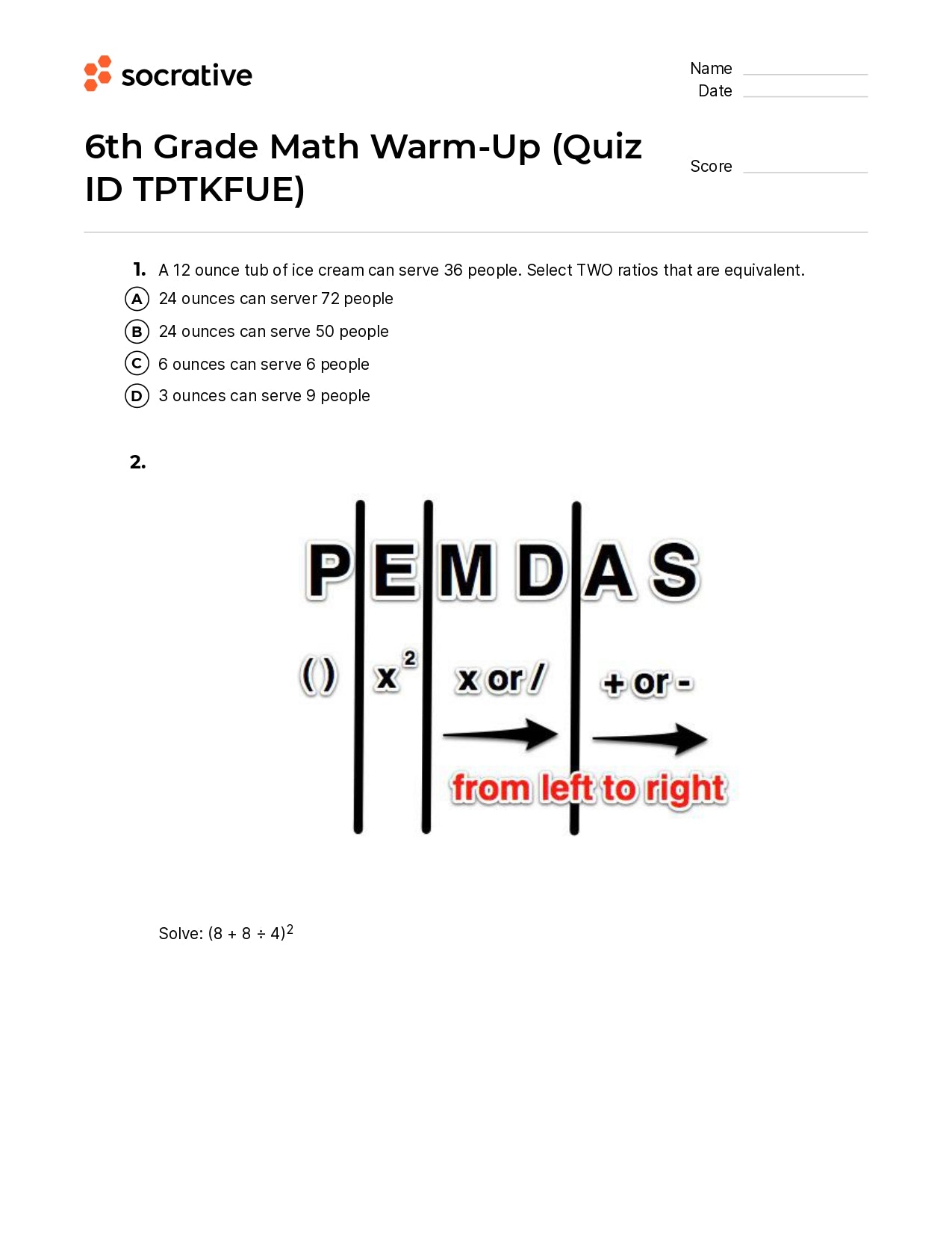 6Th Grade Math Warm-Up