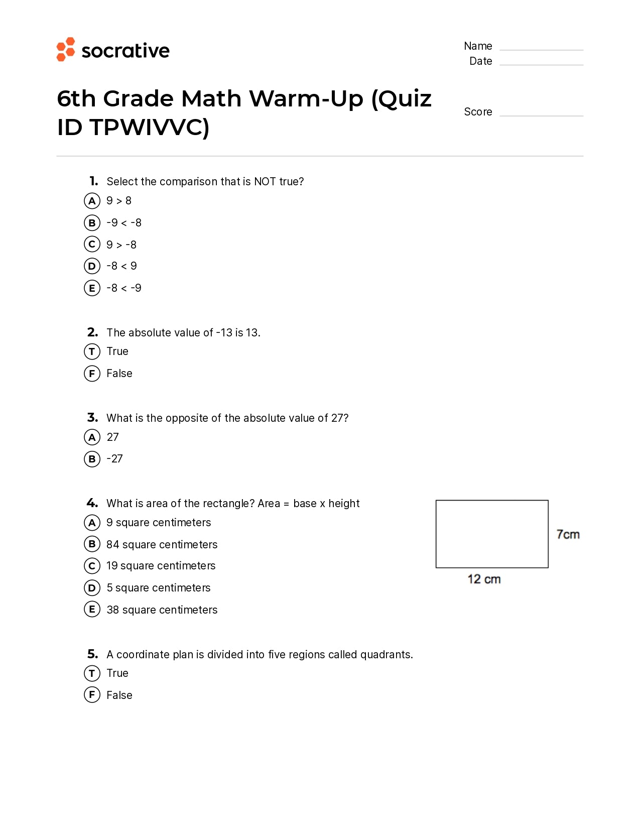 6Th Grade Math Warm-Up