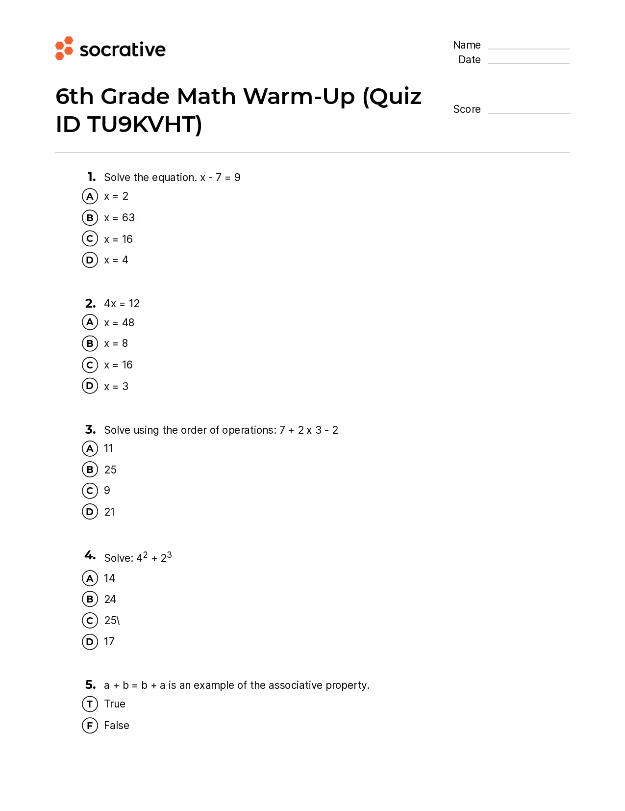 6Th Grade Math Warm-Up