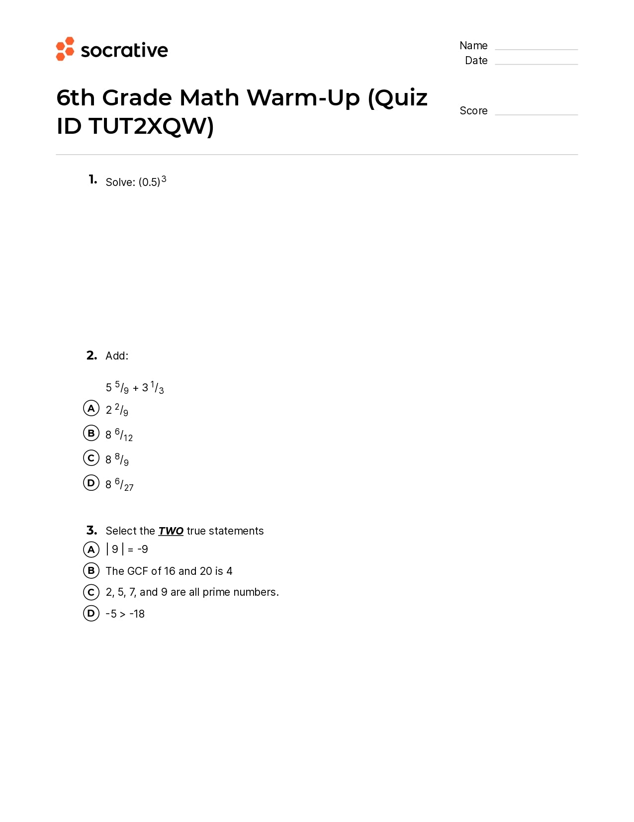 6Th Grade Math Warm-Up