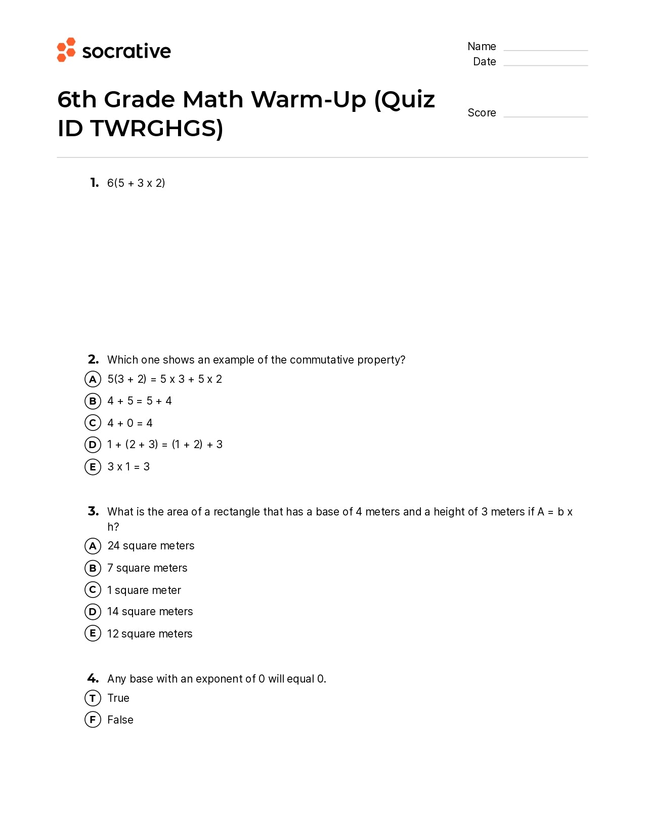 6Th Grade Math Warm-Up