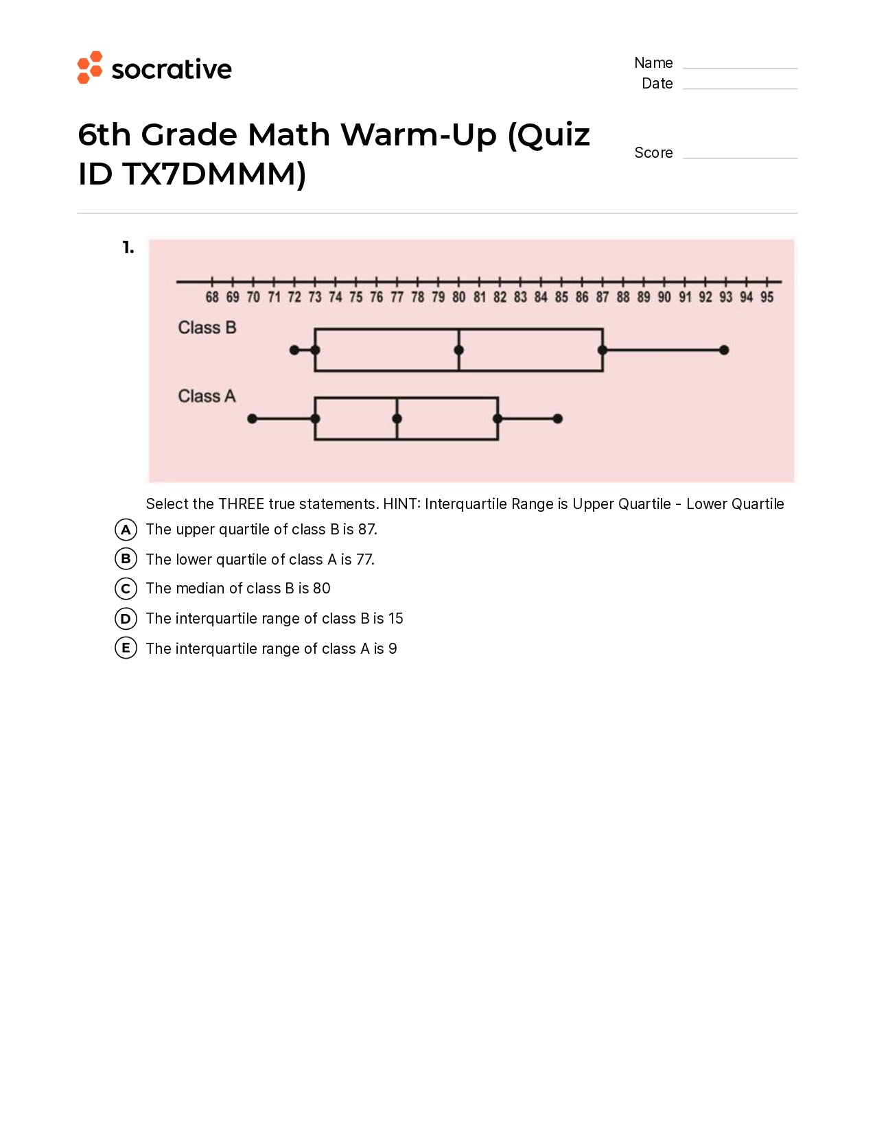 6Th Grade Math Warm-Up