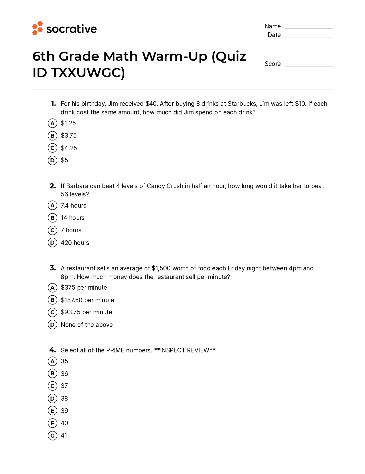 6Th Grade Math Warm-Up