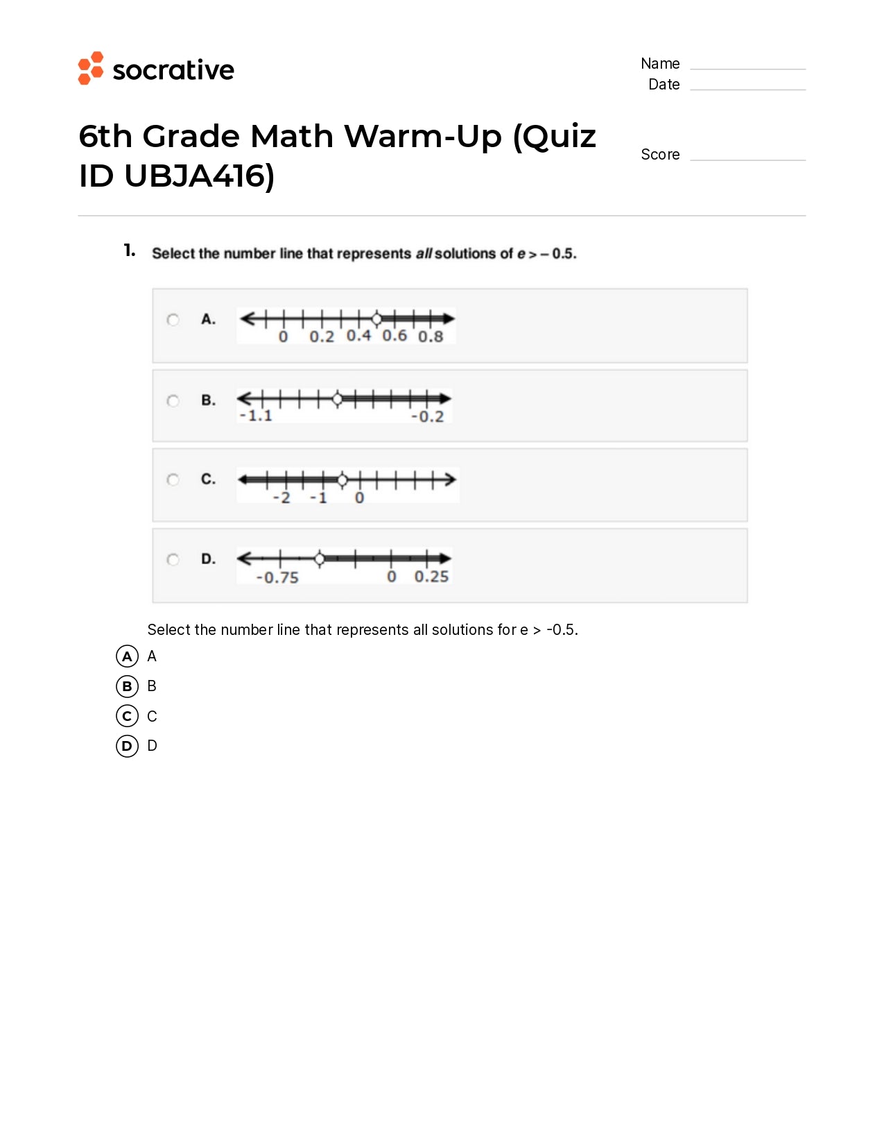 6Th Grade Math Warm-Up