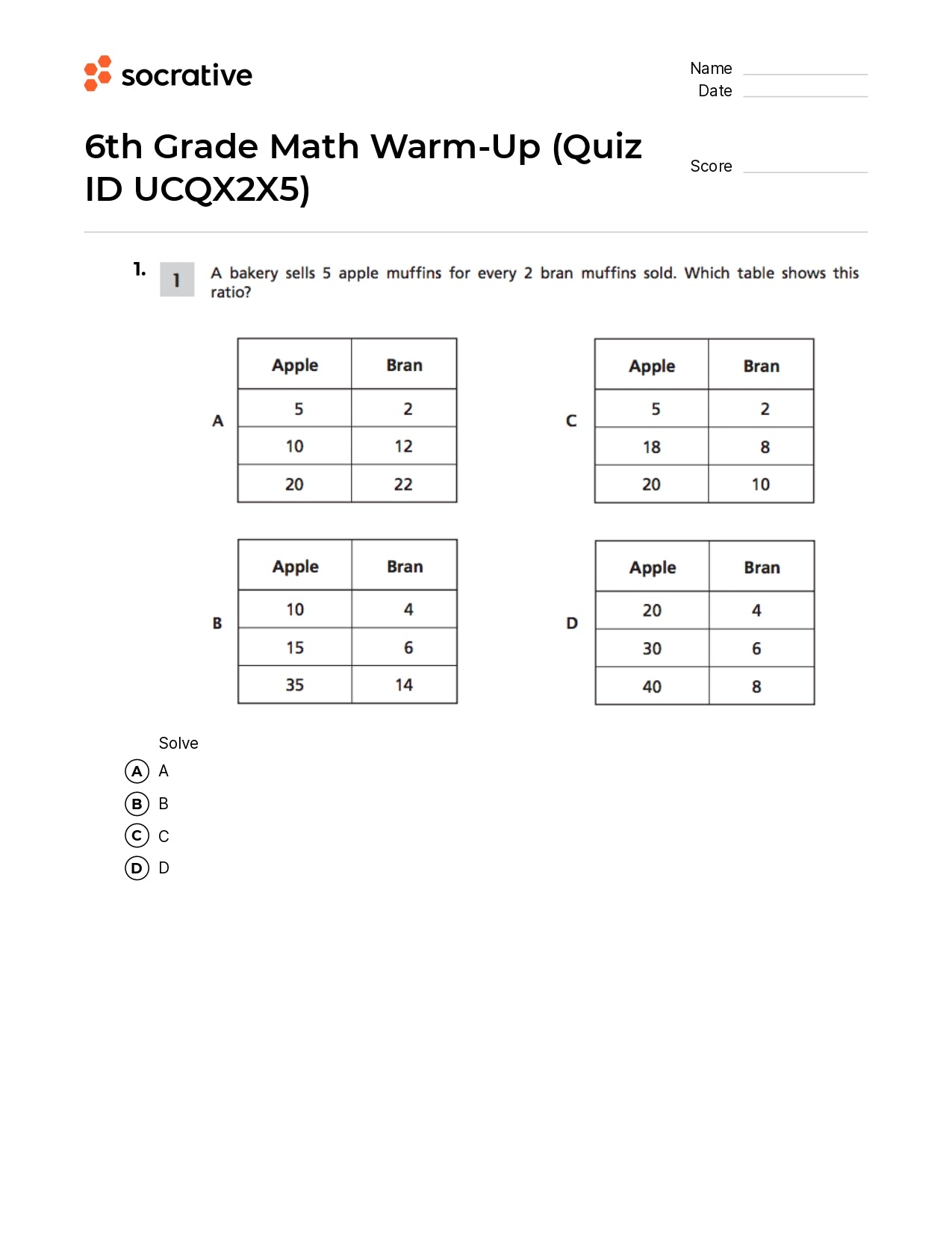 6Th Grade Math Warm-Up