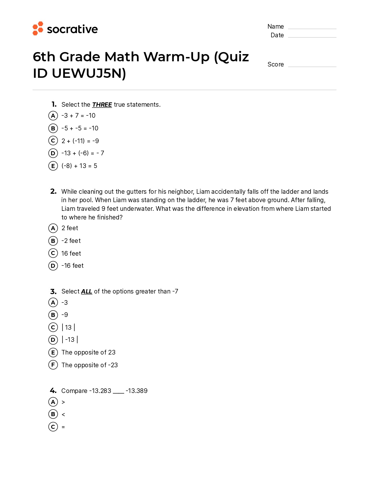 6Th Grade Math Warm-Up