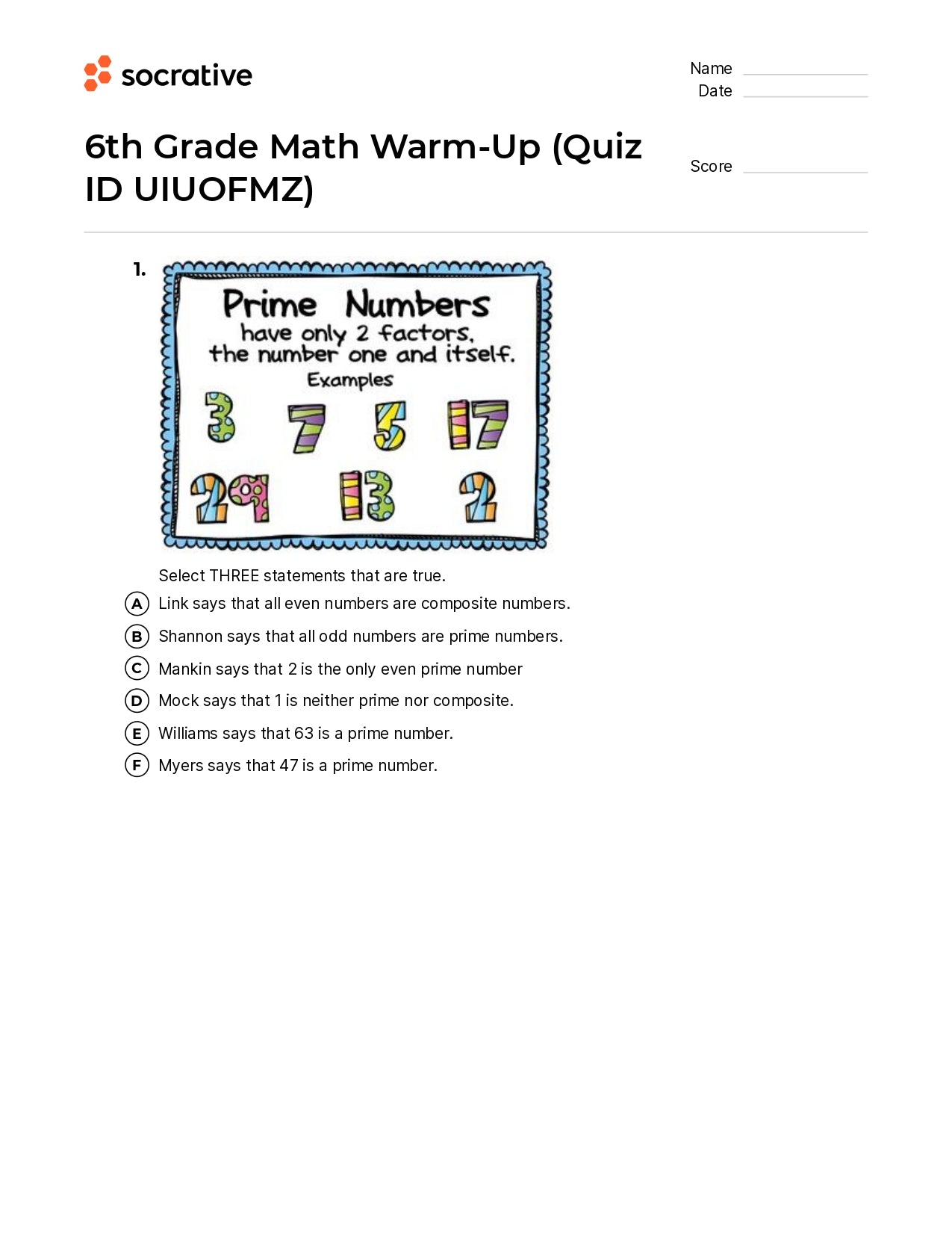 6Th Grade Math Warm-Up