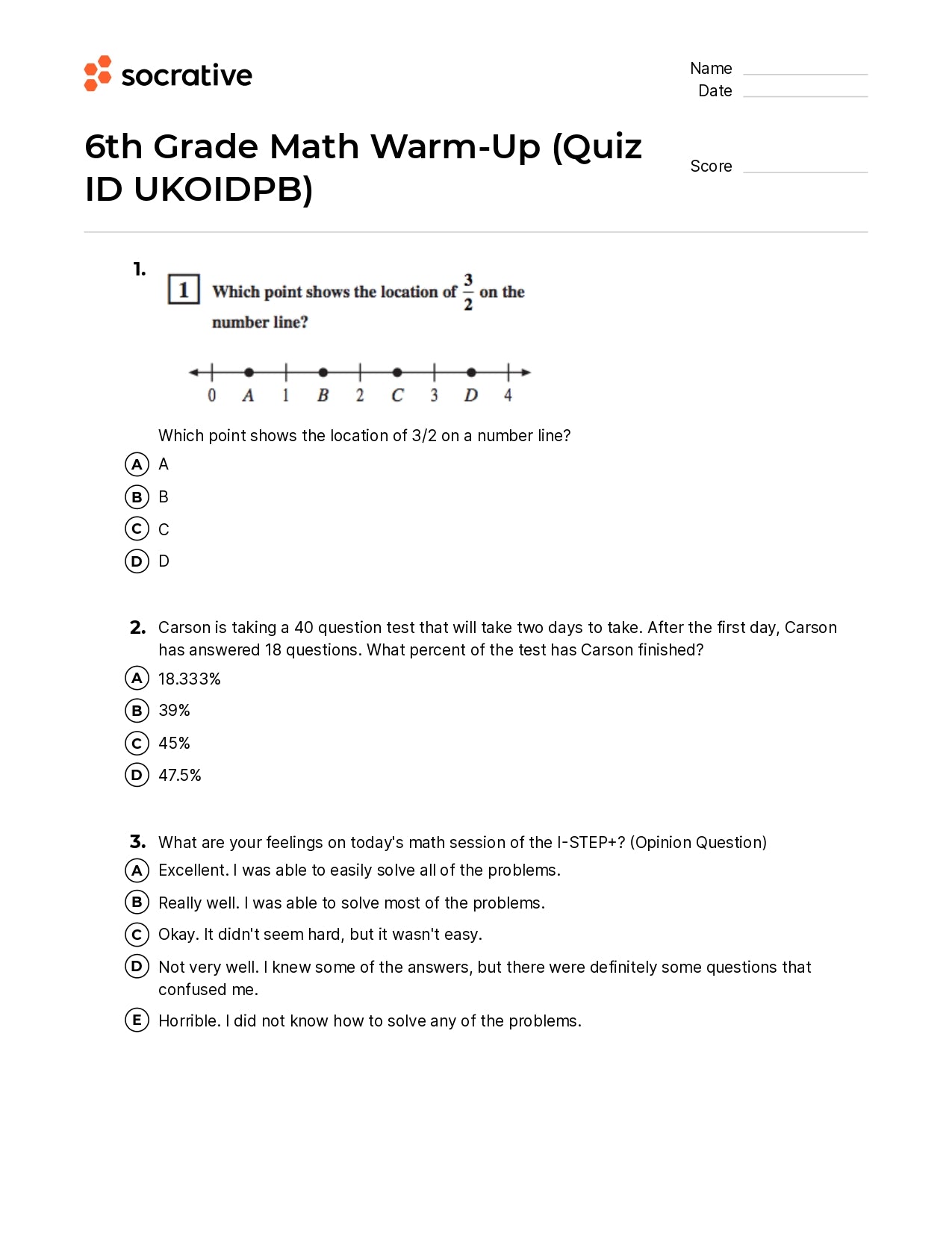 6Th Grade Math Warm-Up