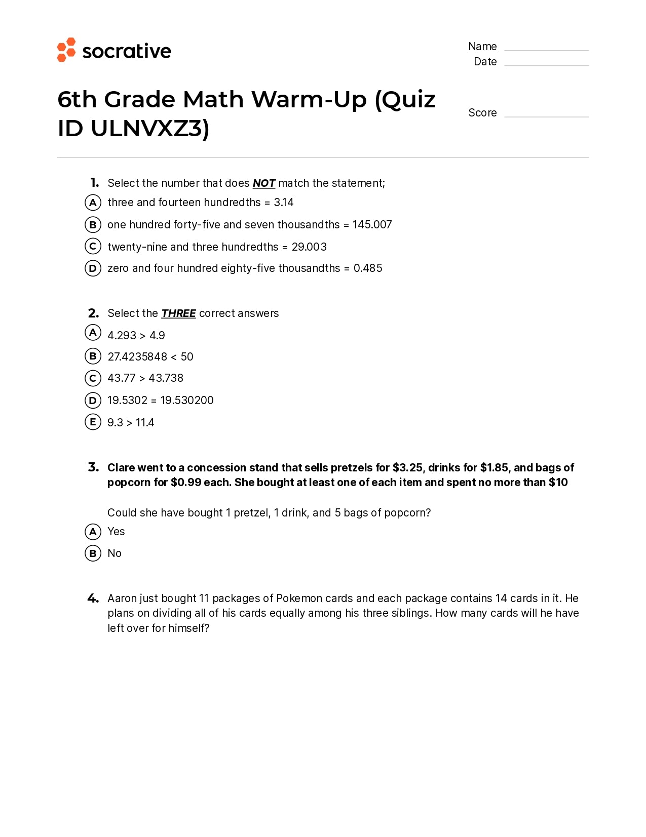 6Th Grade Math Warm-Up