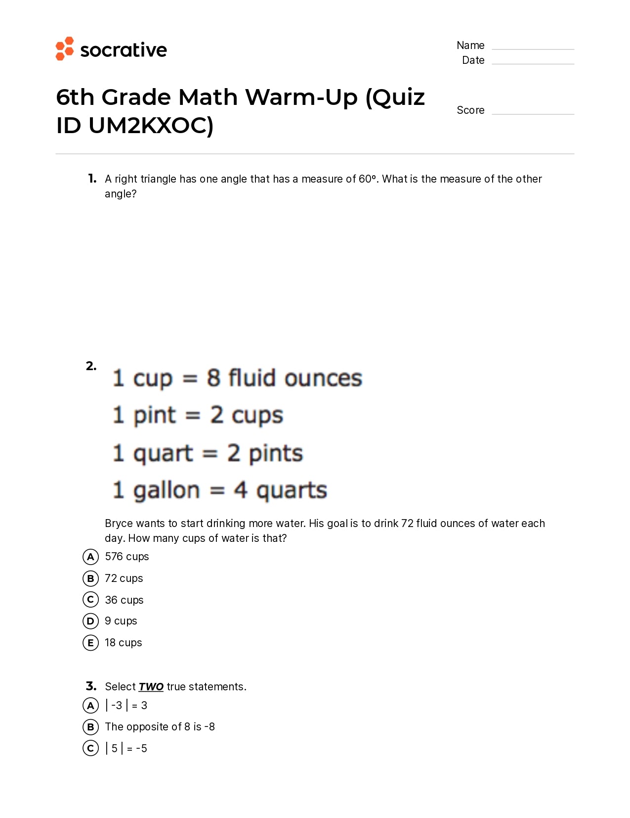 6Th Grade Math Warm-Up