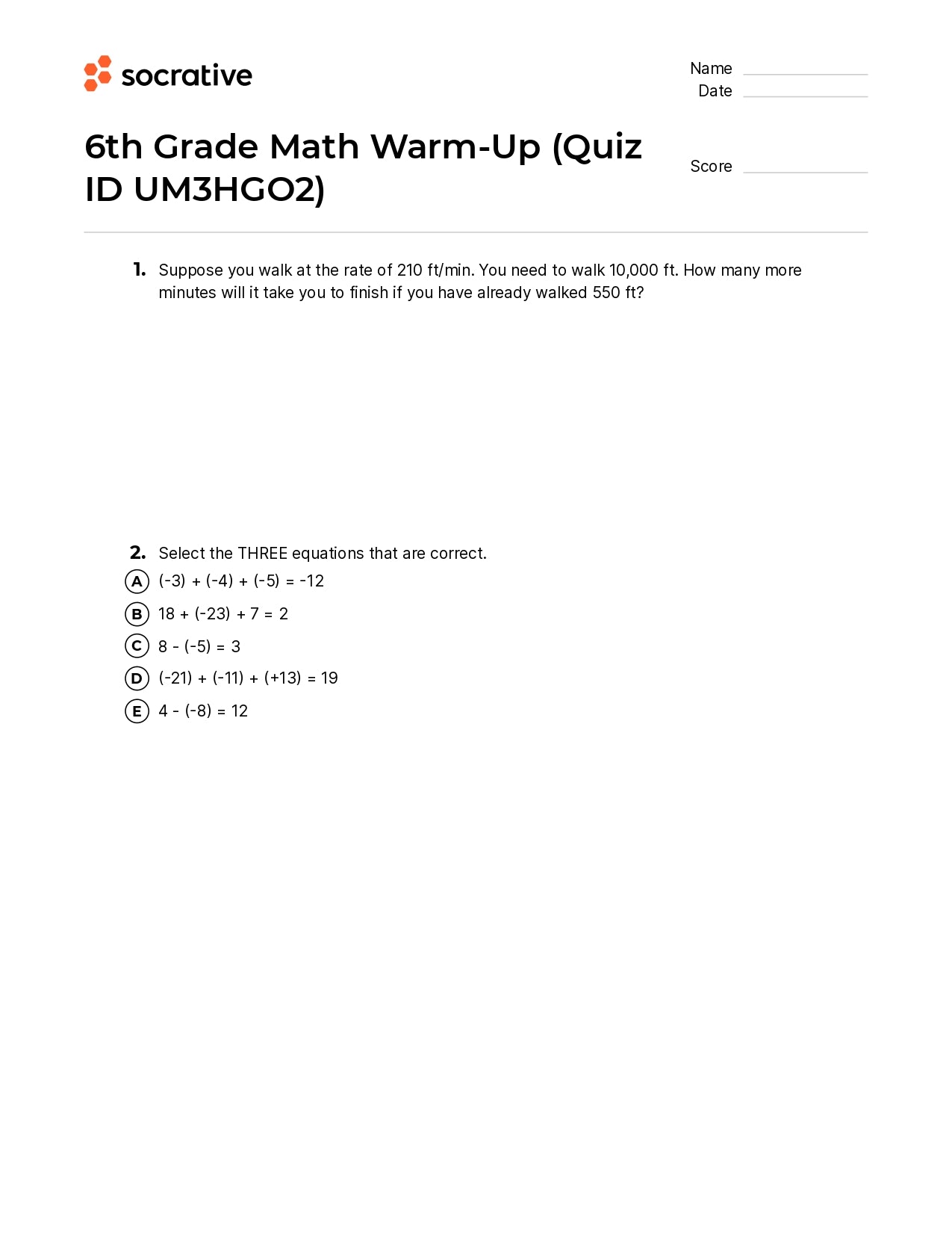 6Th Grade Math Warm-Up