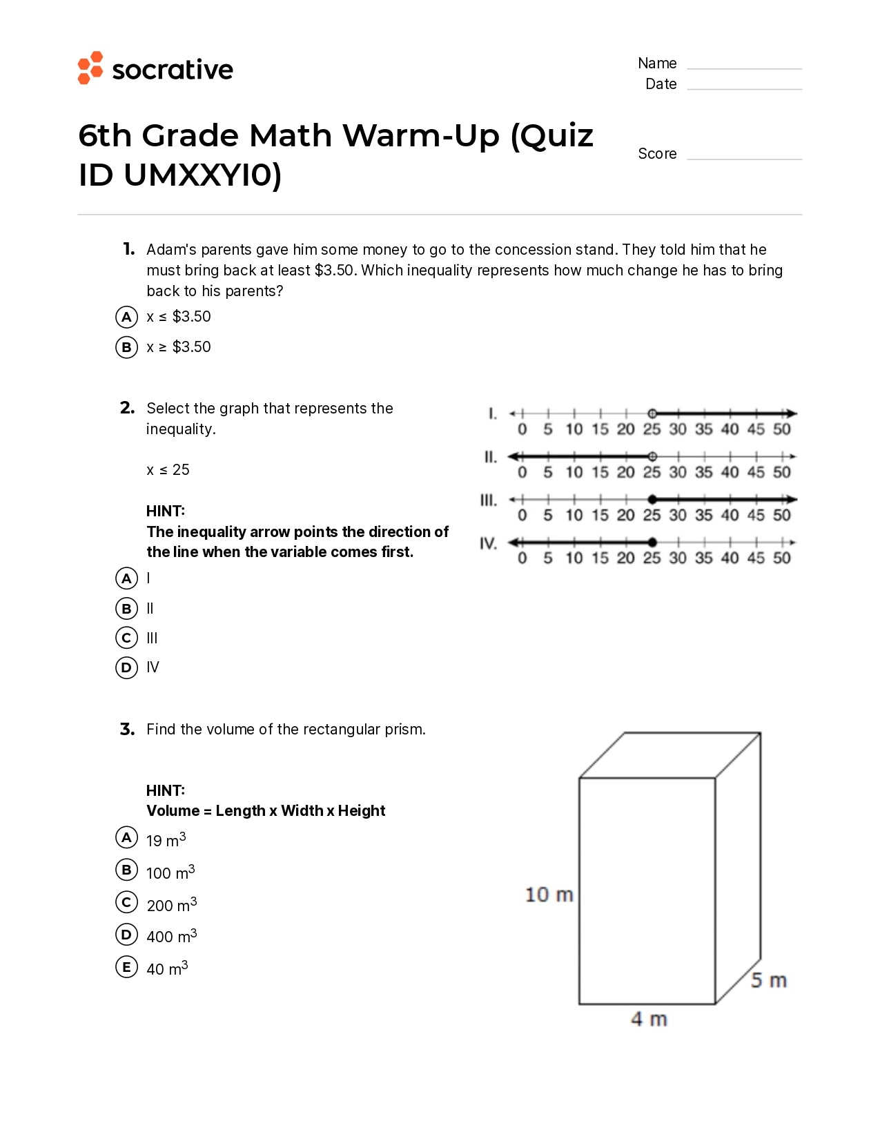 6Th Grade Math Warm-Up
