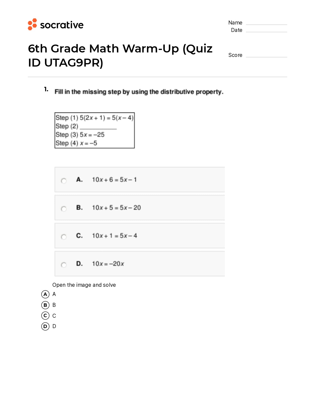 6Th Grade Math Warm-Up
