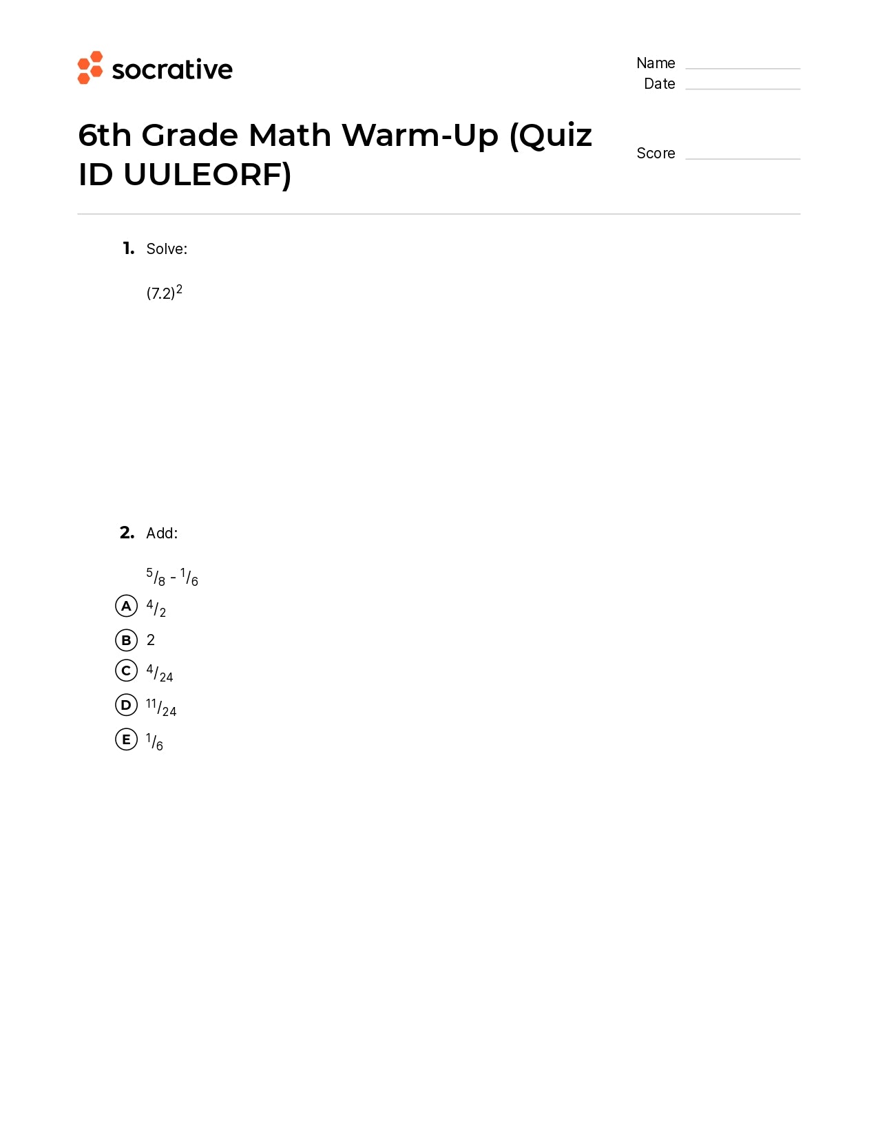 6Th Grade Math Warm-Up