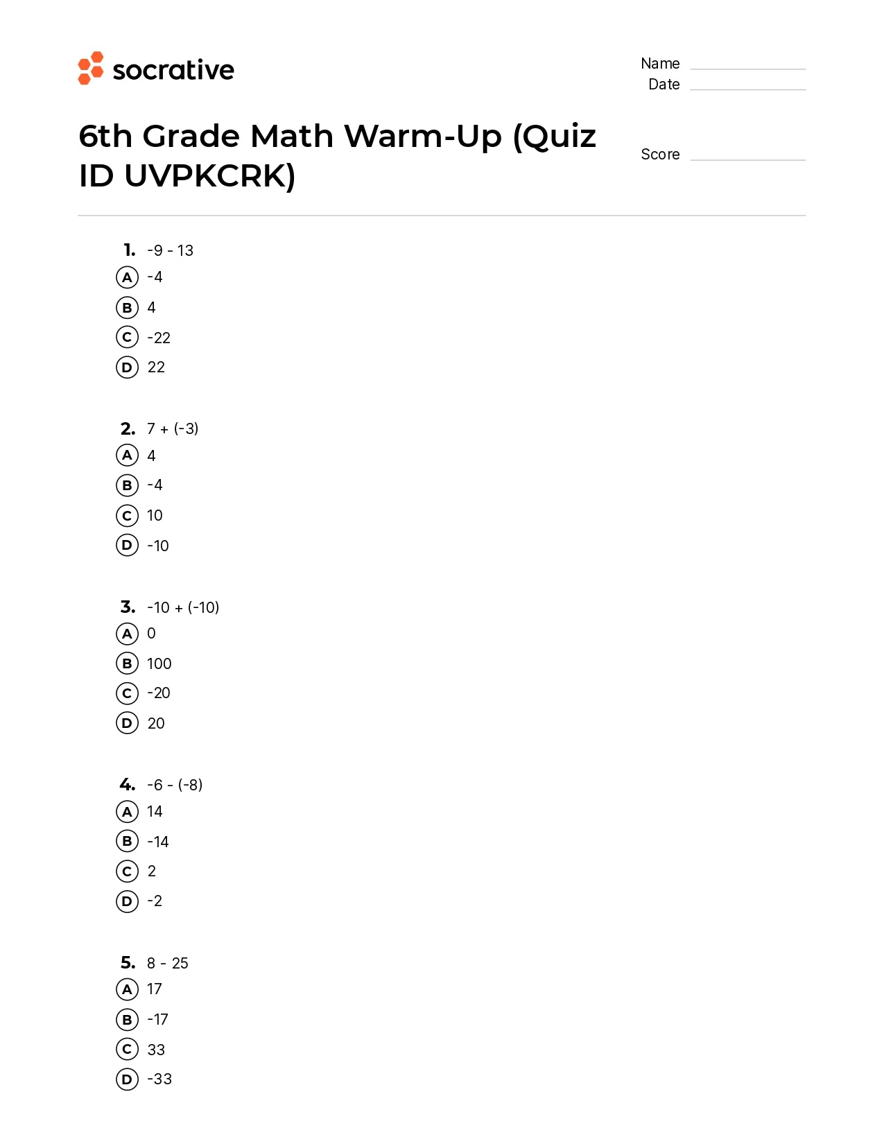 6Th Grade Math Warm-Up