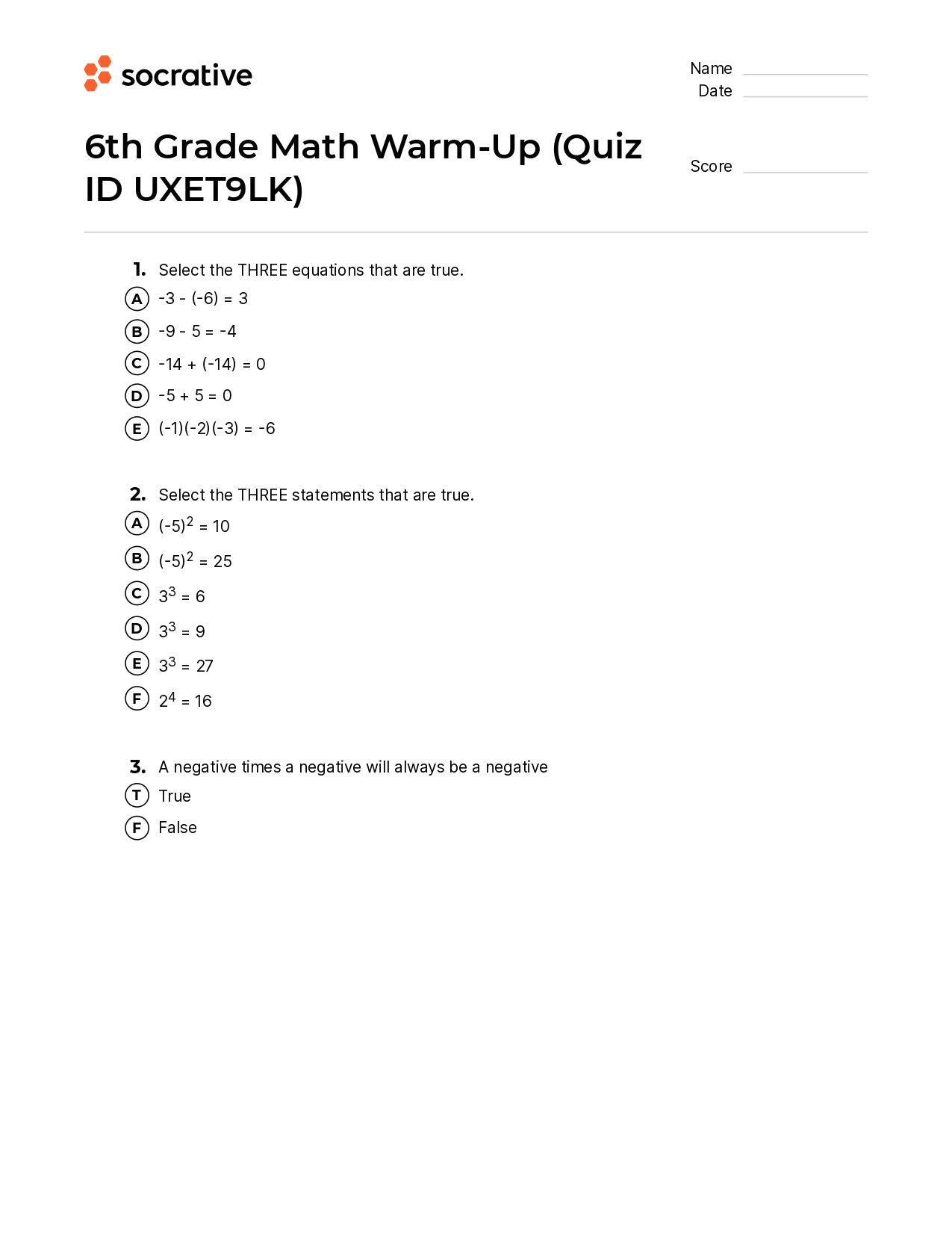 6Th Grade Math Warm-Up