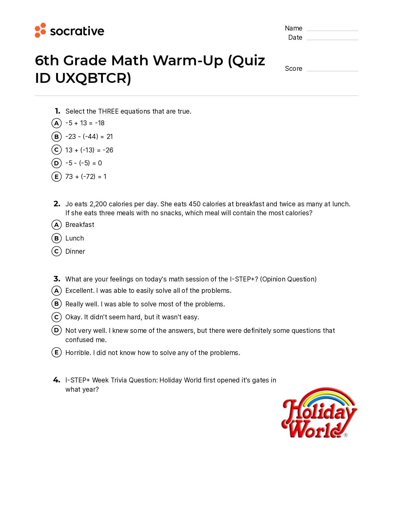 6Th Grade Math Warm-Up