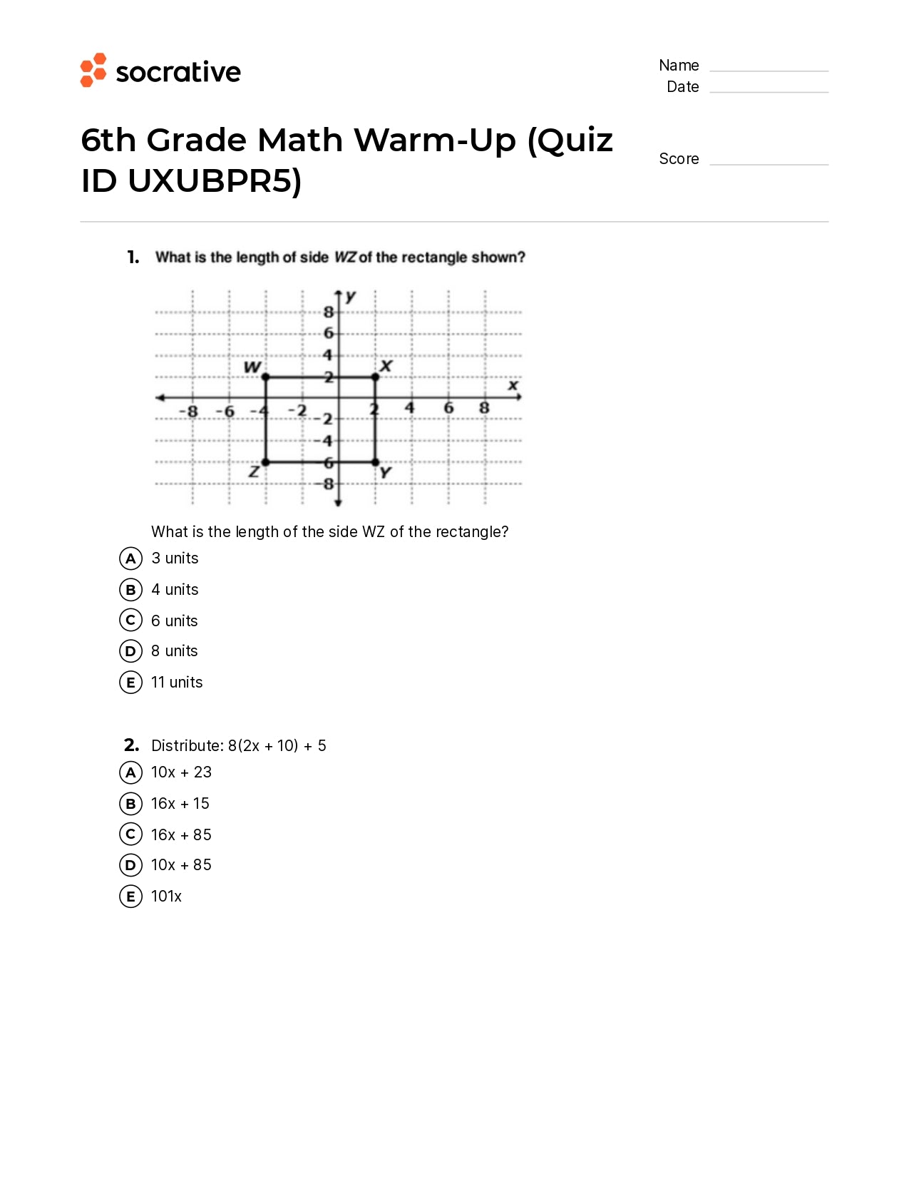 6Th Grade Math Warm-Up