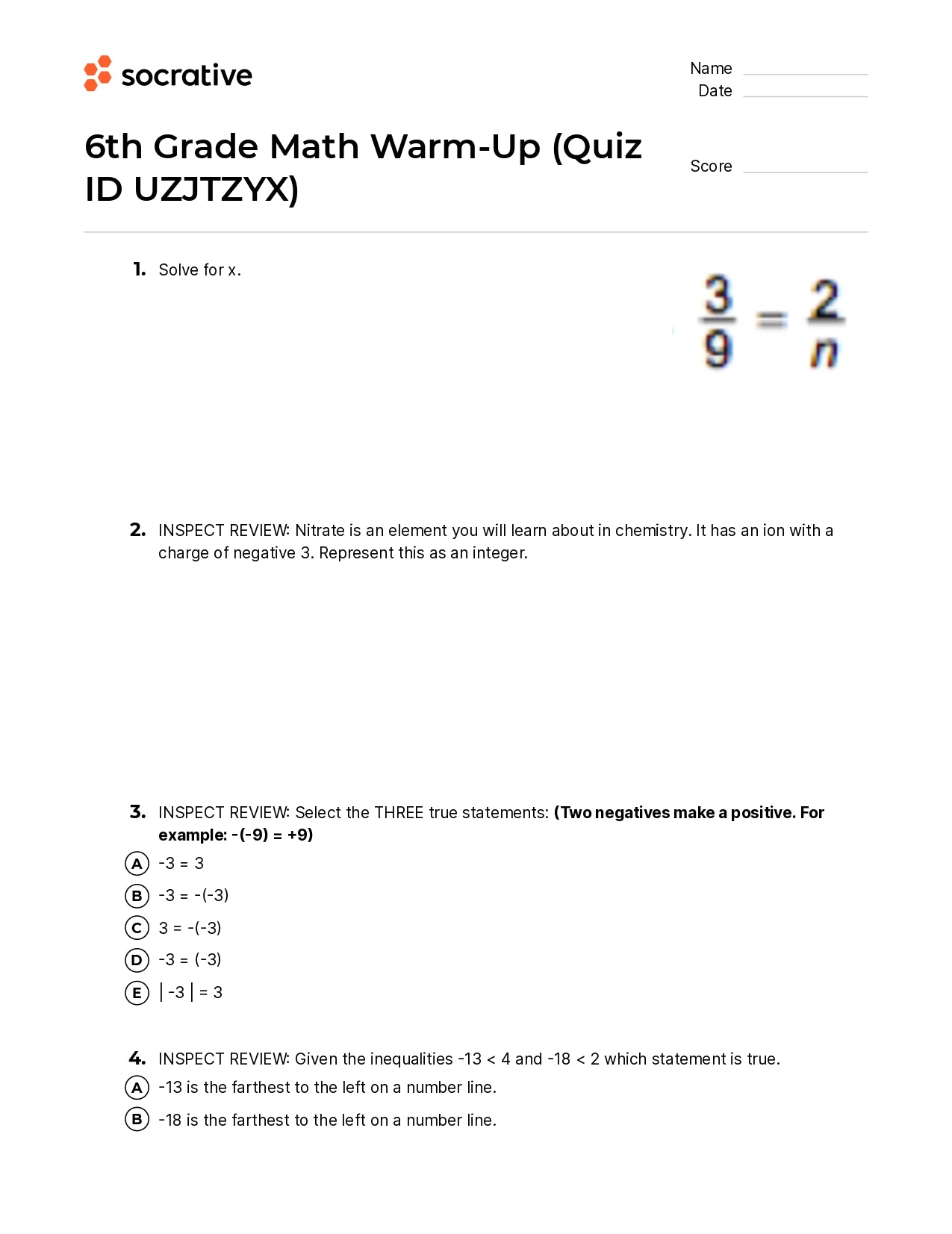 6Th Grade Math Warm-Up