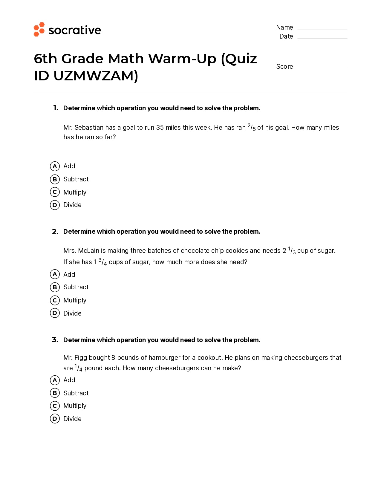 6Th Grade Math Warm-Up