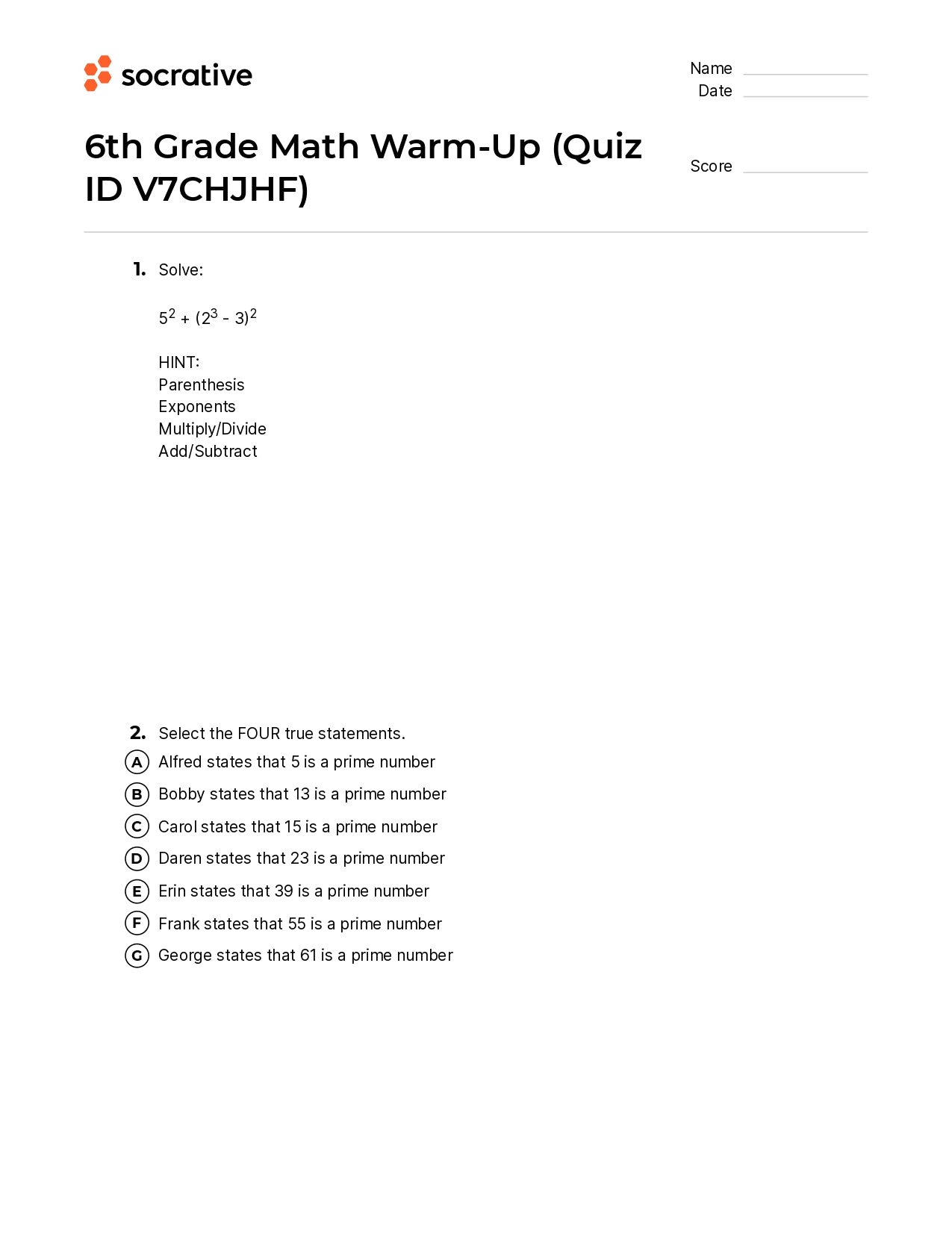 6Th Grade Math Warm-Up