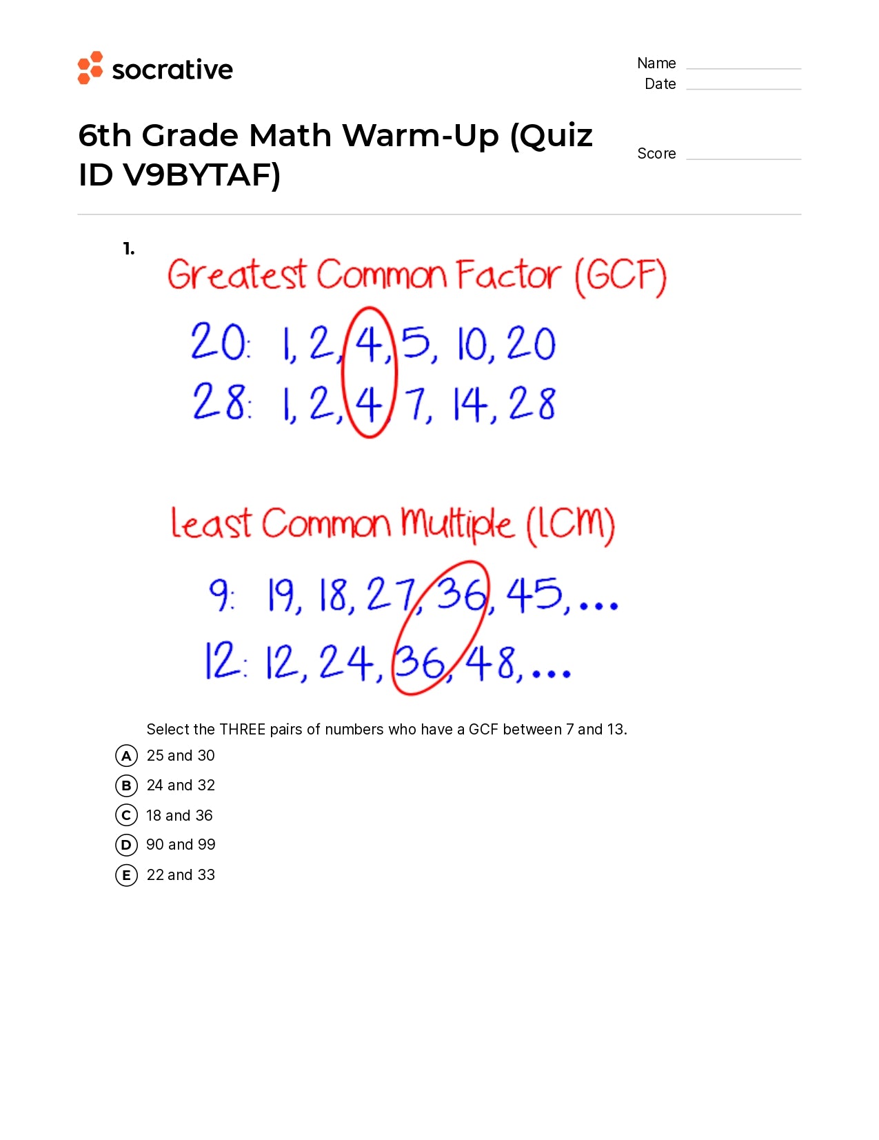 6Th Grade Math Warm-Up