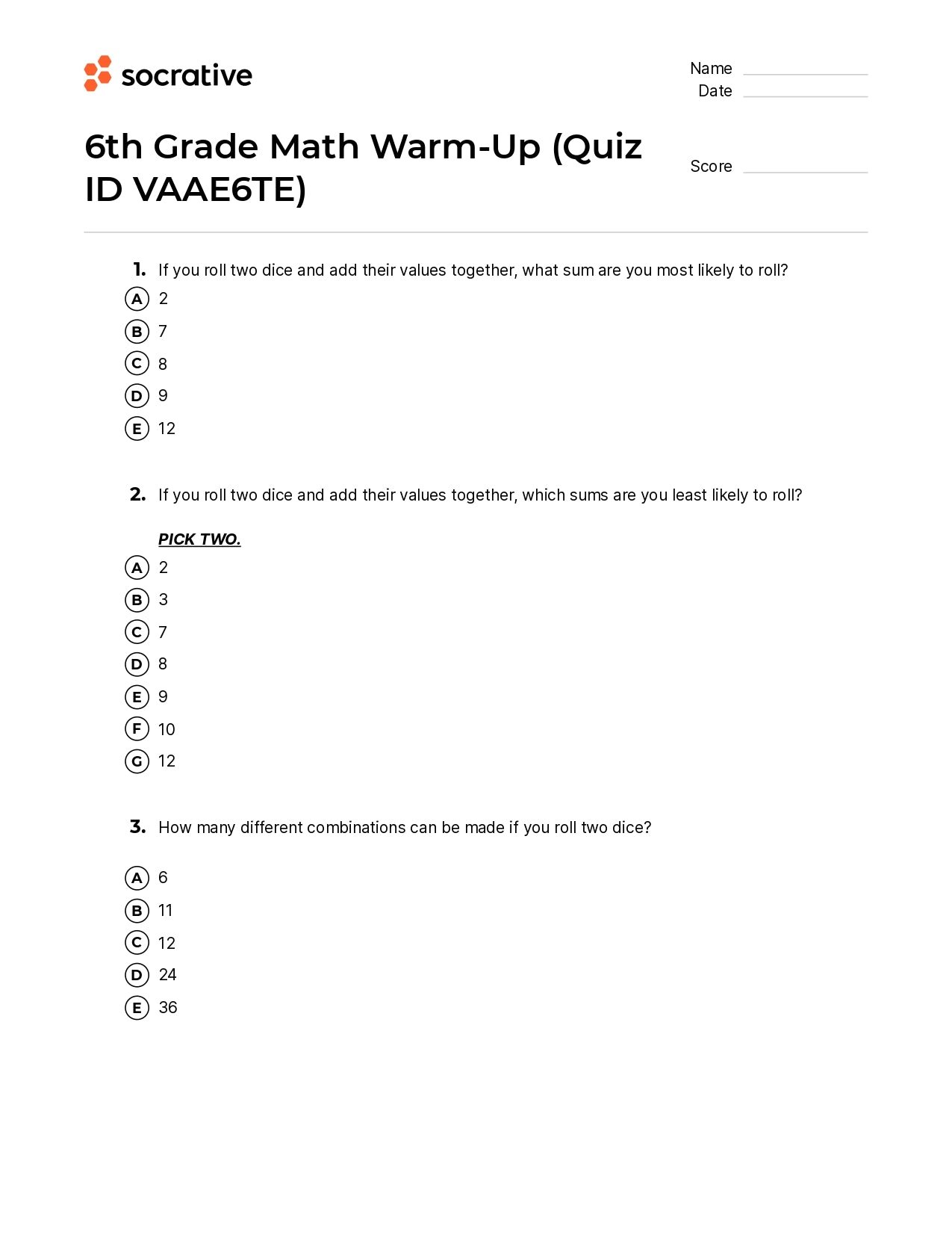 6Th Grade Math Warm-Up