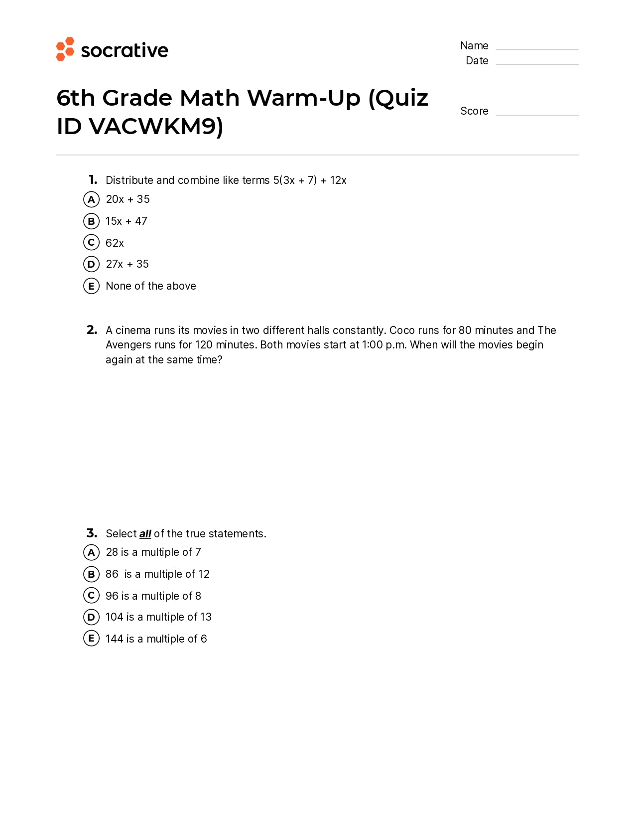 6Th Grade Math Warm-Up