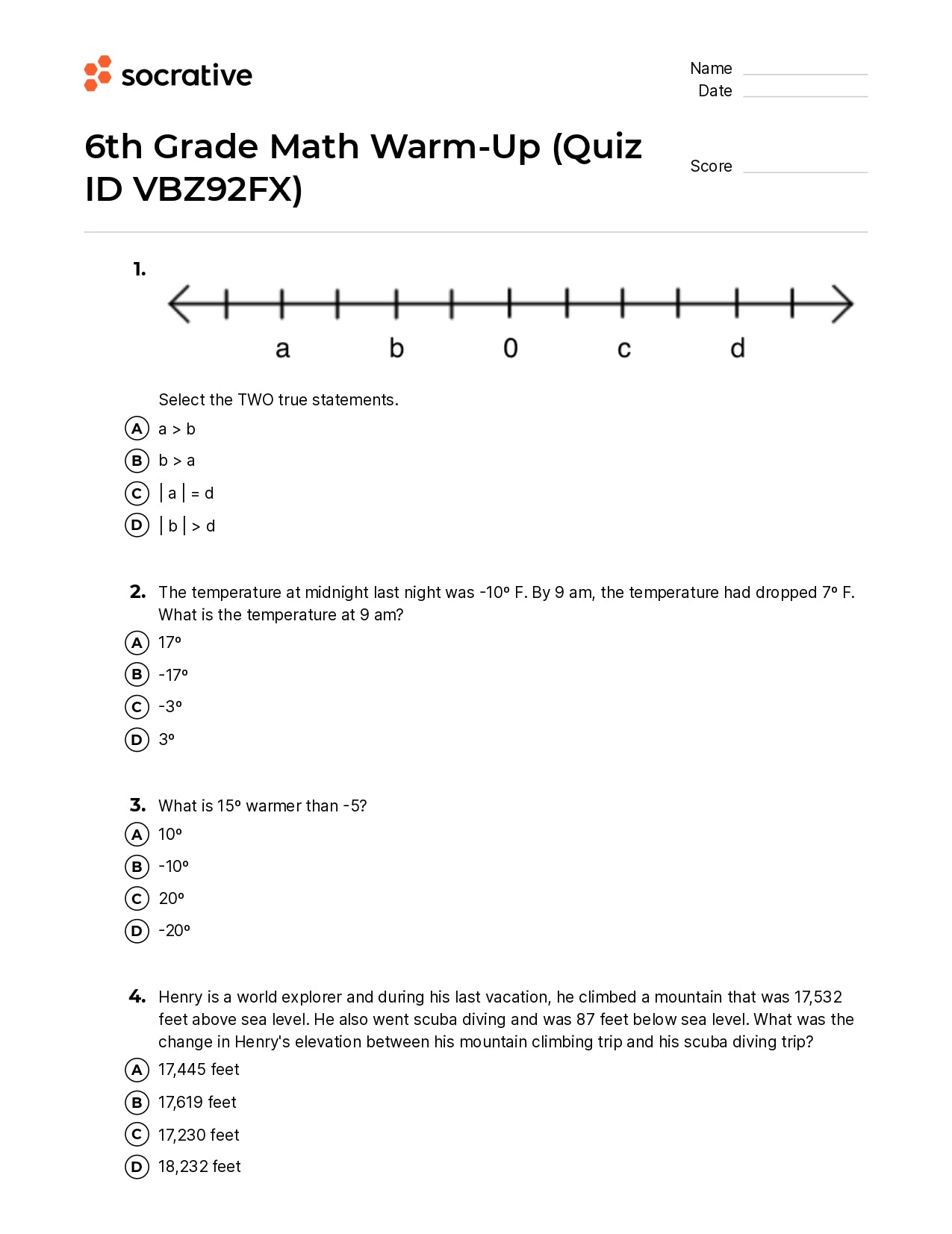 6Th Grade Math Warm-Up