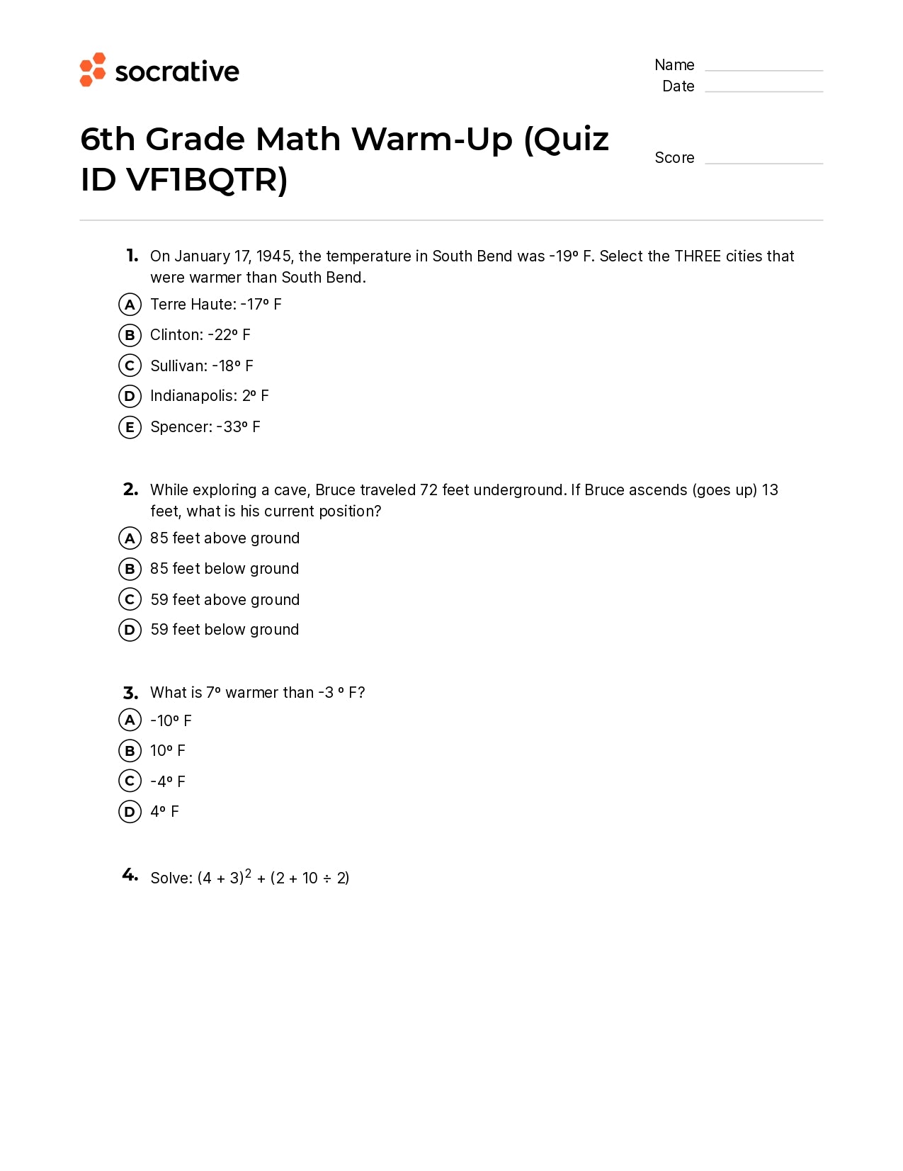 6Th Grade Math Warm-Up