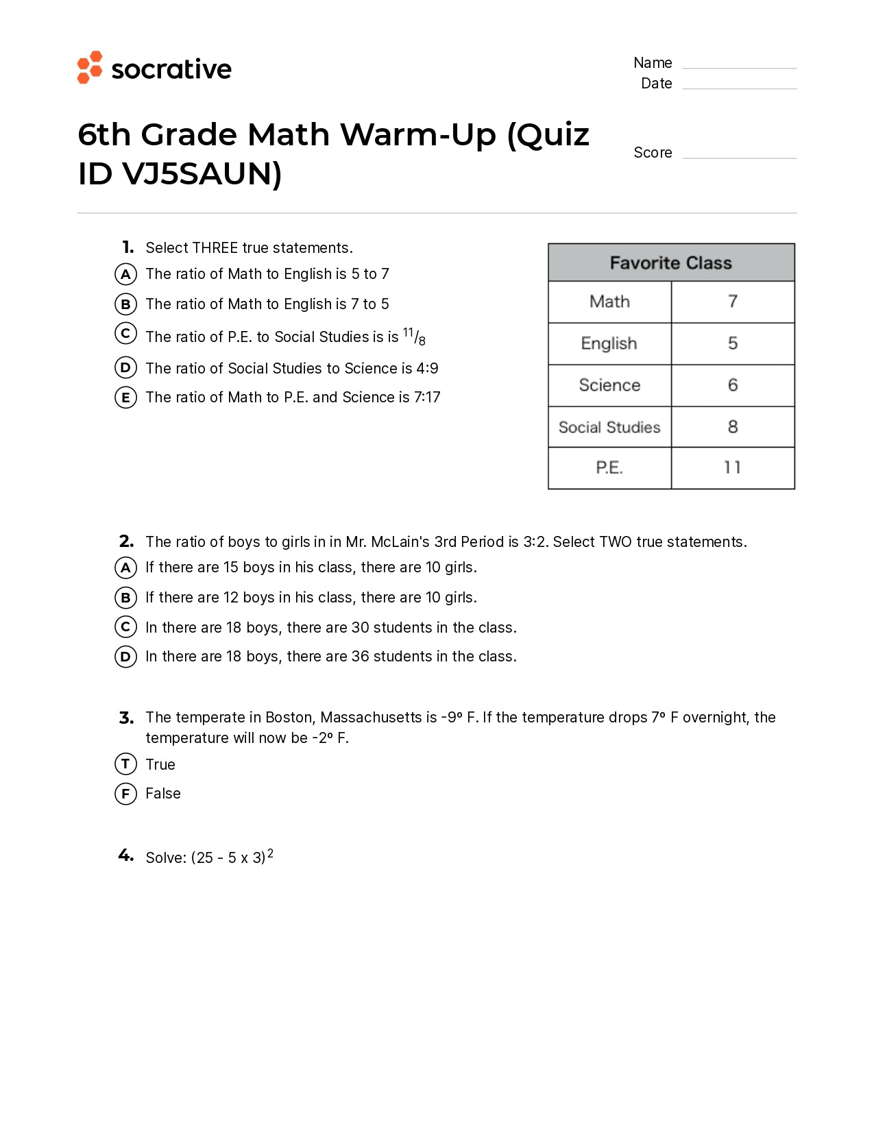 6Th Grade Math Warm-Up