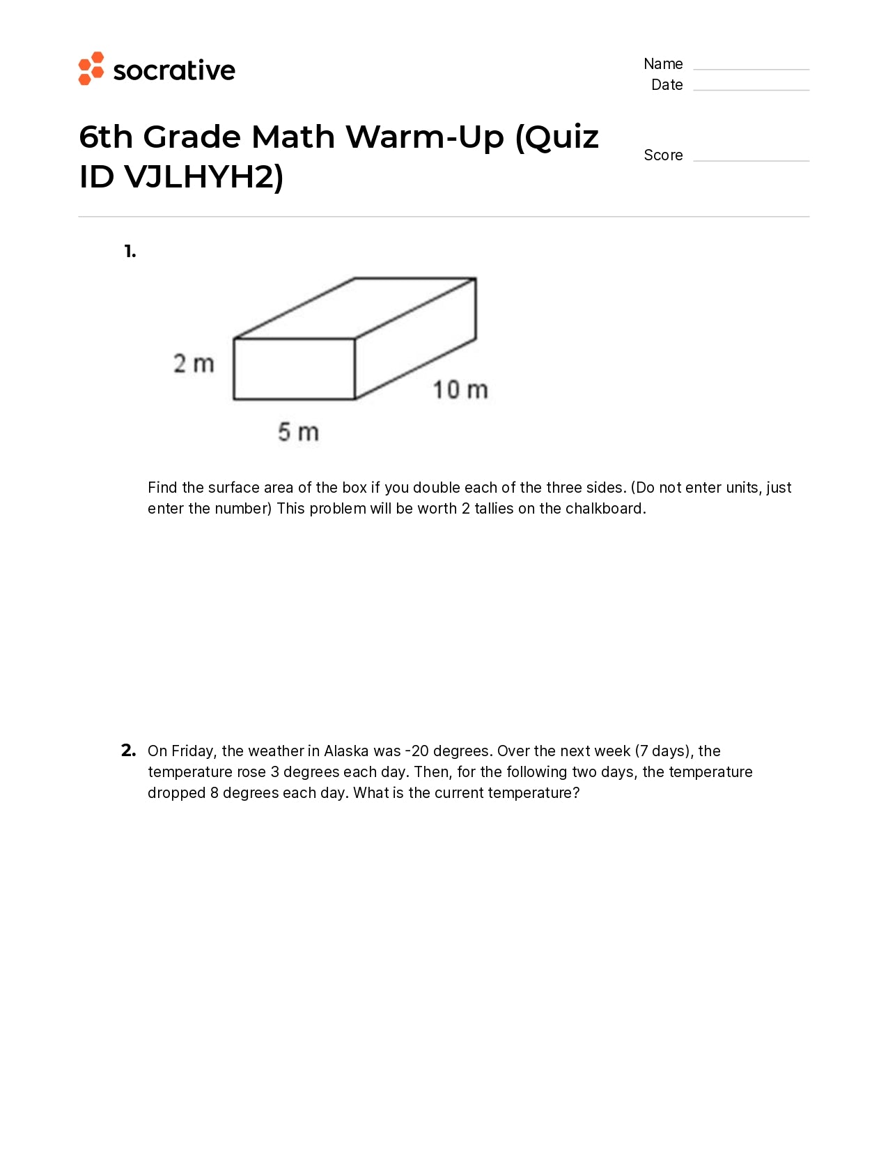 6Th Grade Math Warm-Up