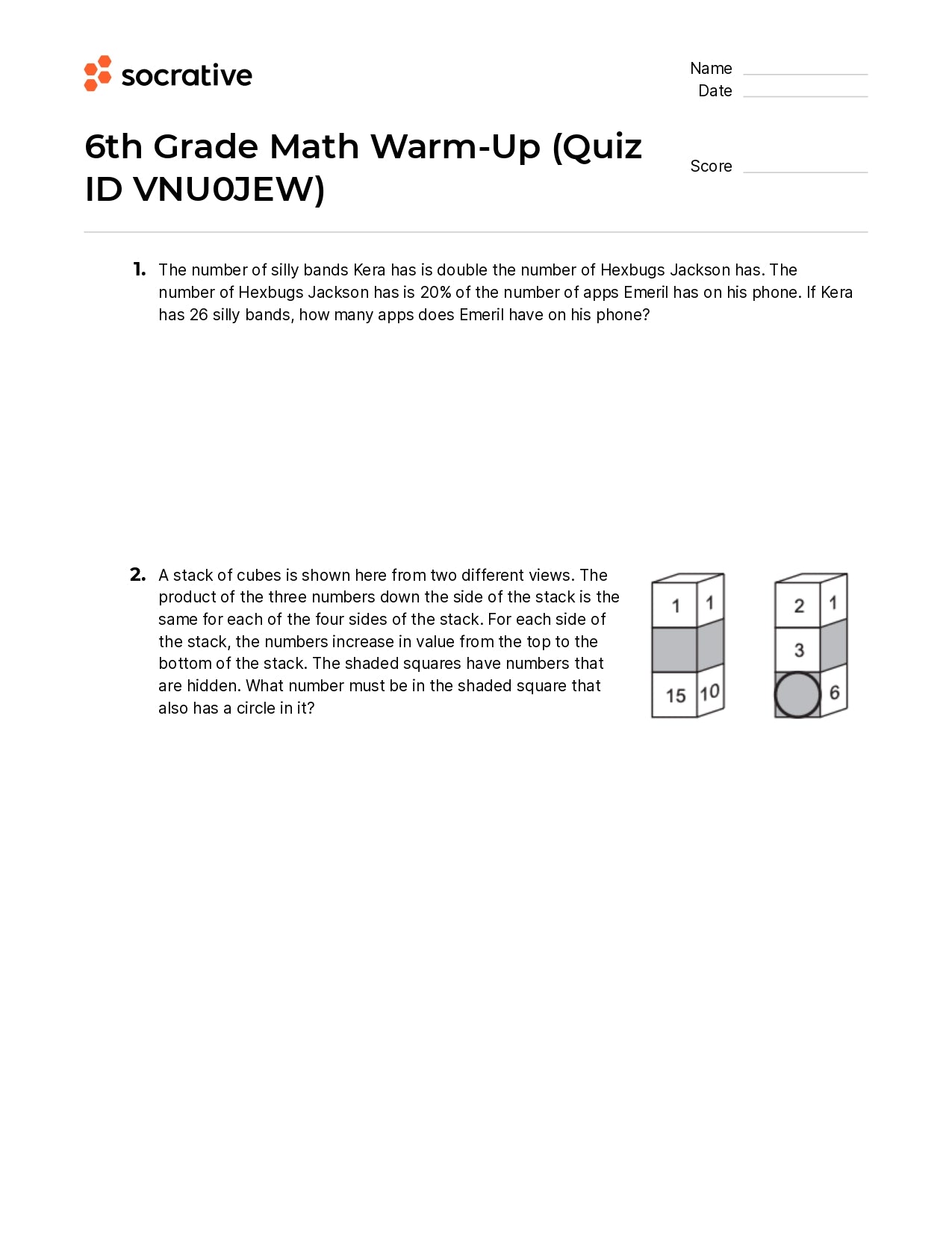 6Th Grade Math Warm-Up