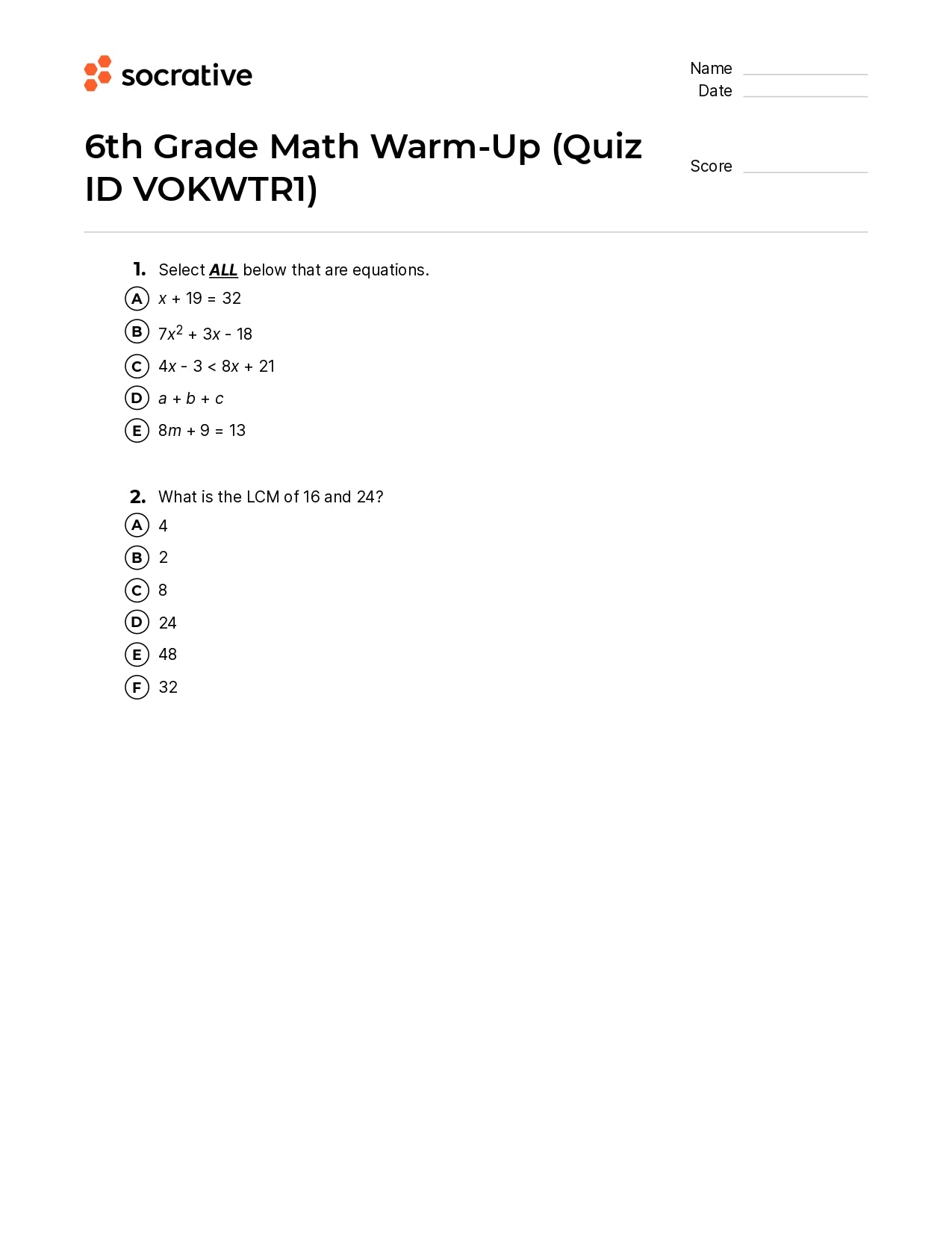 6Th Grade Math Warm-Up